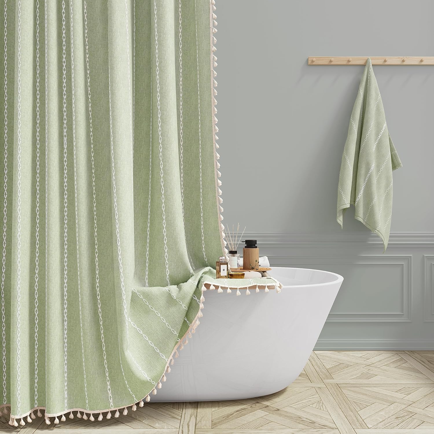 Boho Long Shower Curtain Set in Sage Green for Modern Bathrooms
