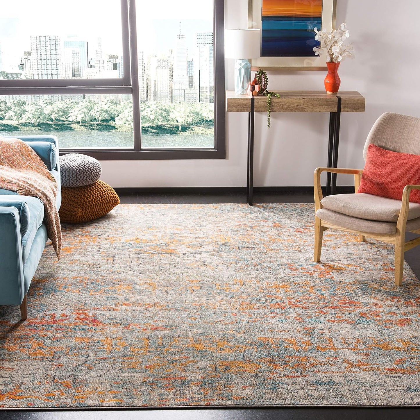 Modern Abstract Area Rug 10ft x 14ft in Grey & Orange Design