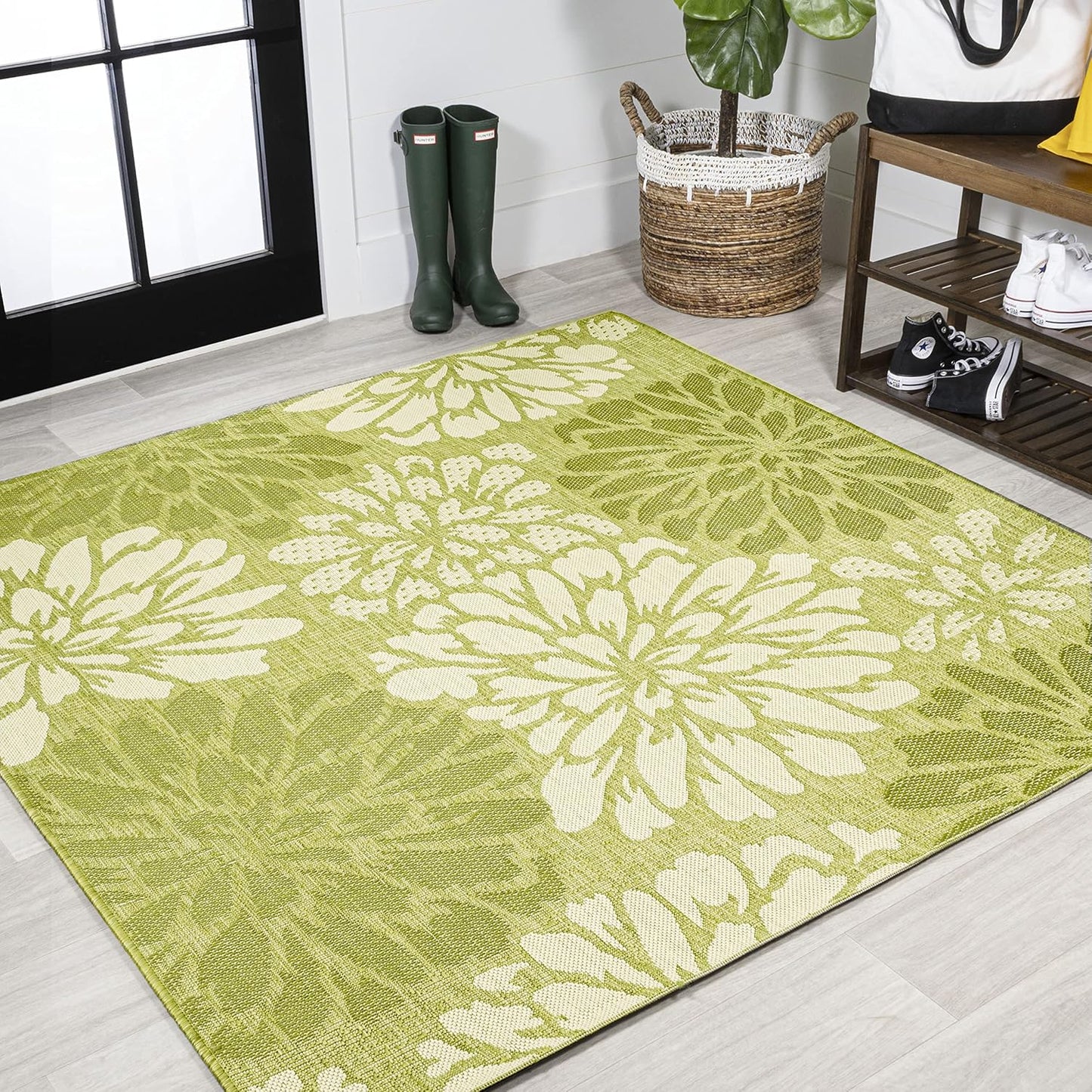 Floral Textured Weave Indoor Outdoor Square Area Rug 5X5 Green