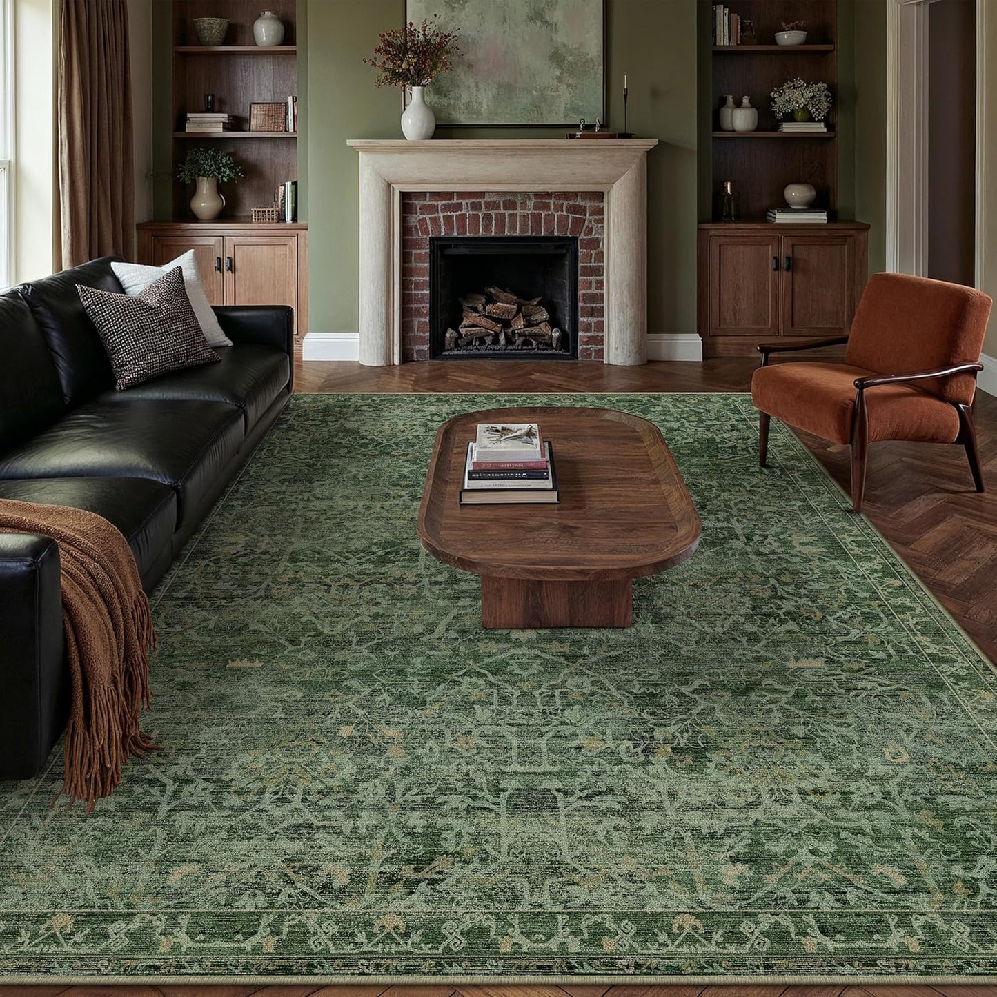 Retro Green Area Rug 8x10 for Living Room and Bedroom Use