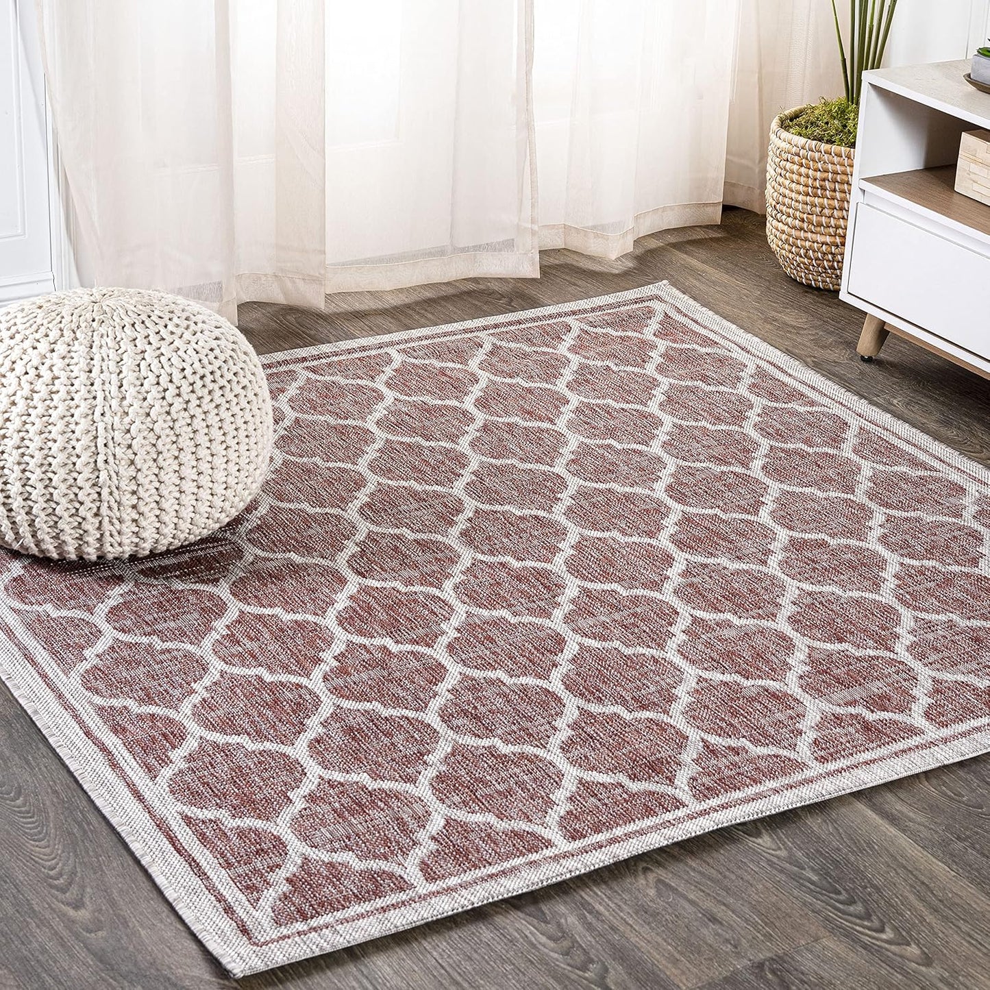 JONATHAN Y Moroccan Trellis Indoor Outdoor Rug 5X5 Red Beige