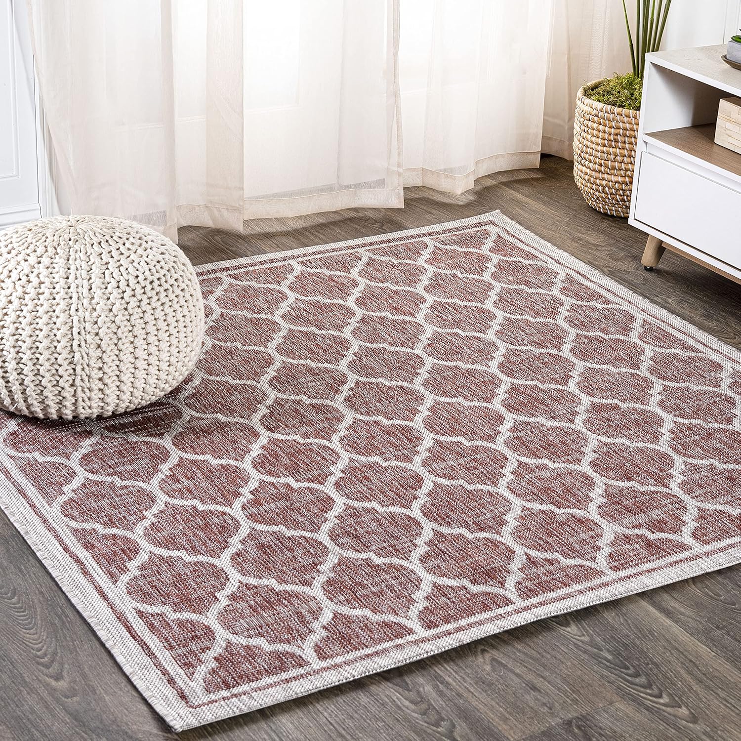 JONATHAN Y Moroccan Trellis Indoor Outdoor Rug 5X5 Red Beige