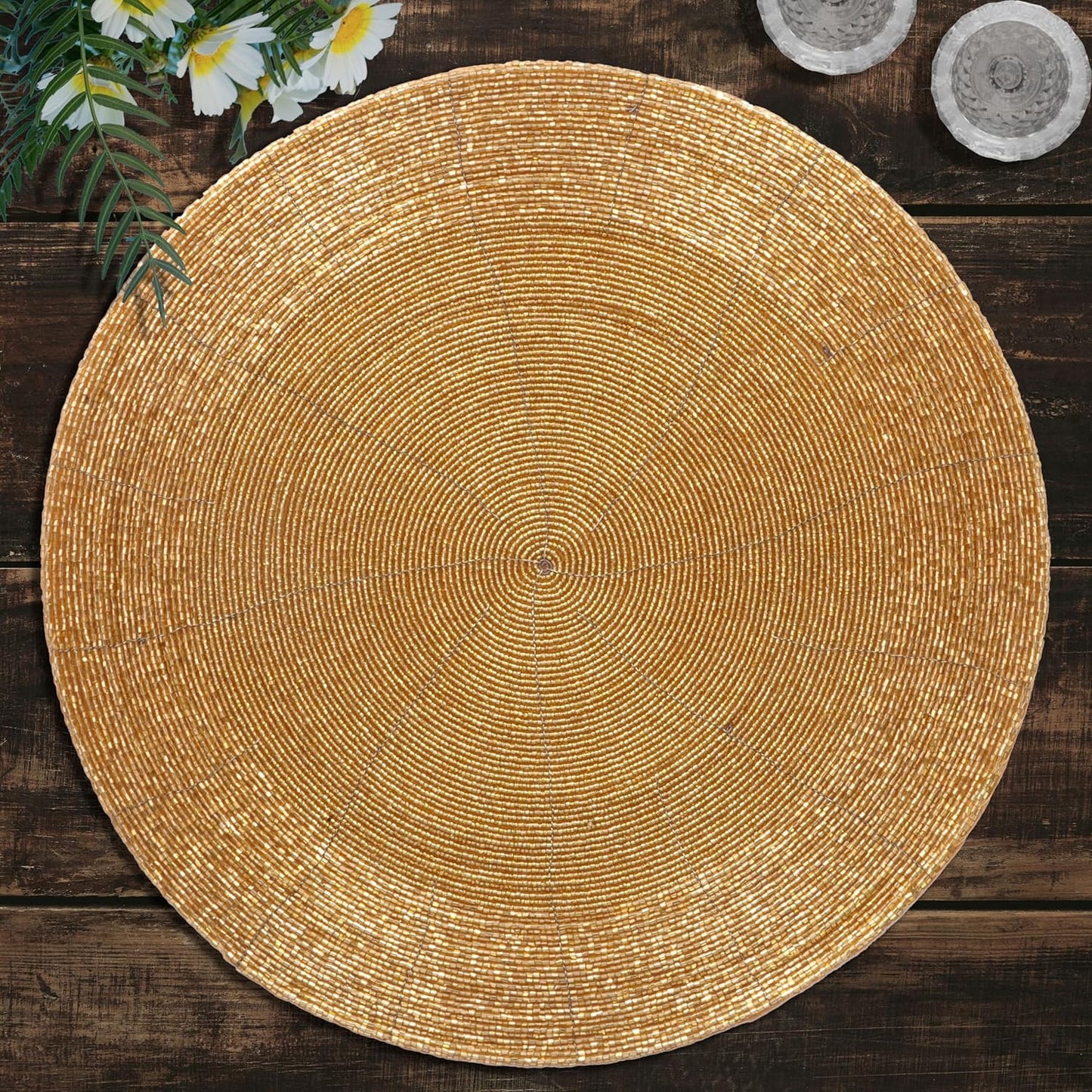 Decozen Round Beaded Gold Placemats Set for Elegant Dining