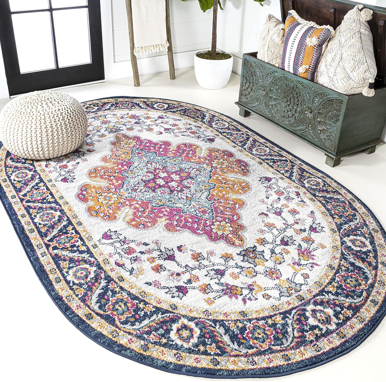 Boho Vintage Blue Multi 3x5 Oval Area Rug for High Traffic