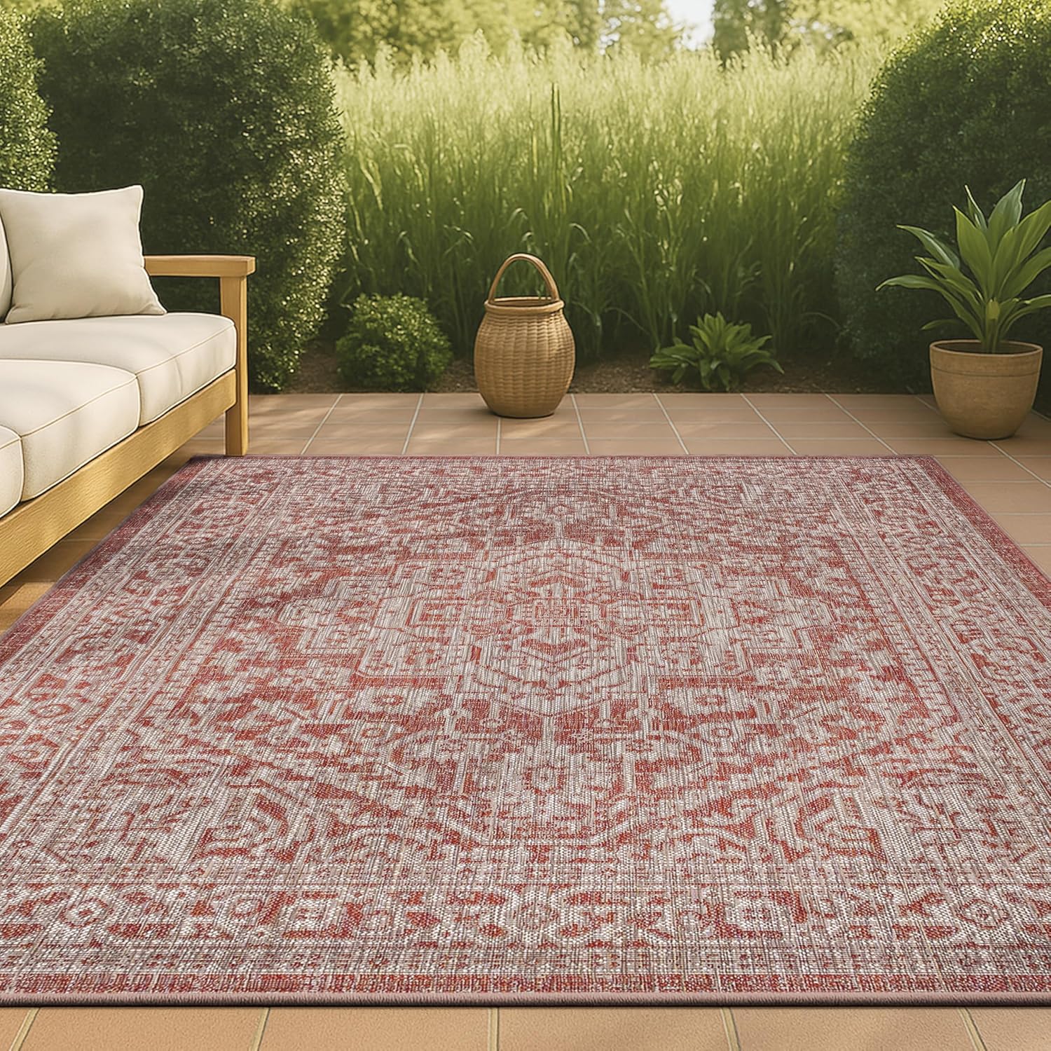 JONATHAN Y Medallion Weave Indoor Outdoor Area Rug 5X8 Red/Taupe