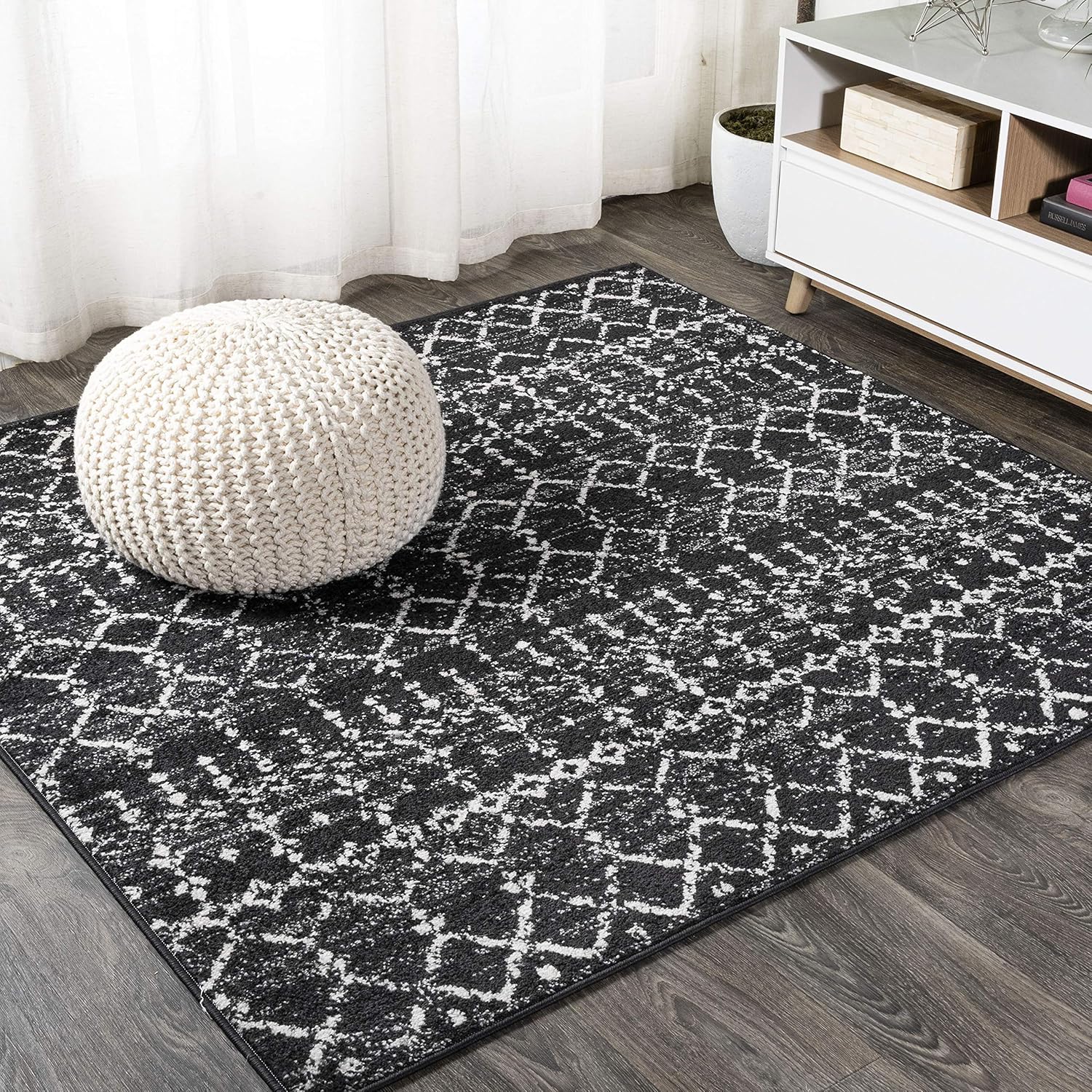 Boho Vintage Diamond Black/Ivory Square Area Rug for Home