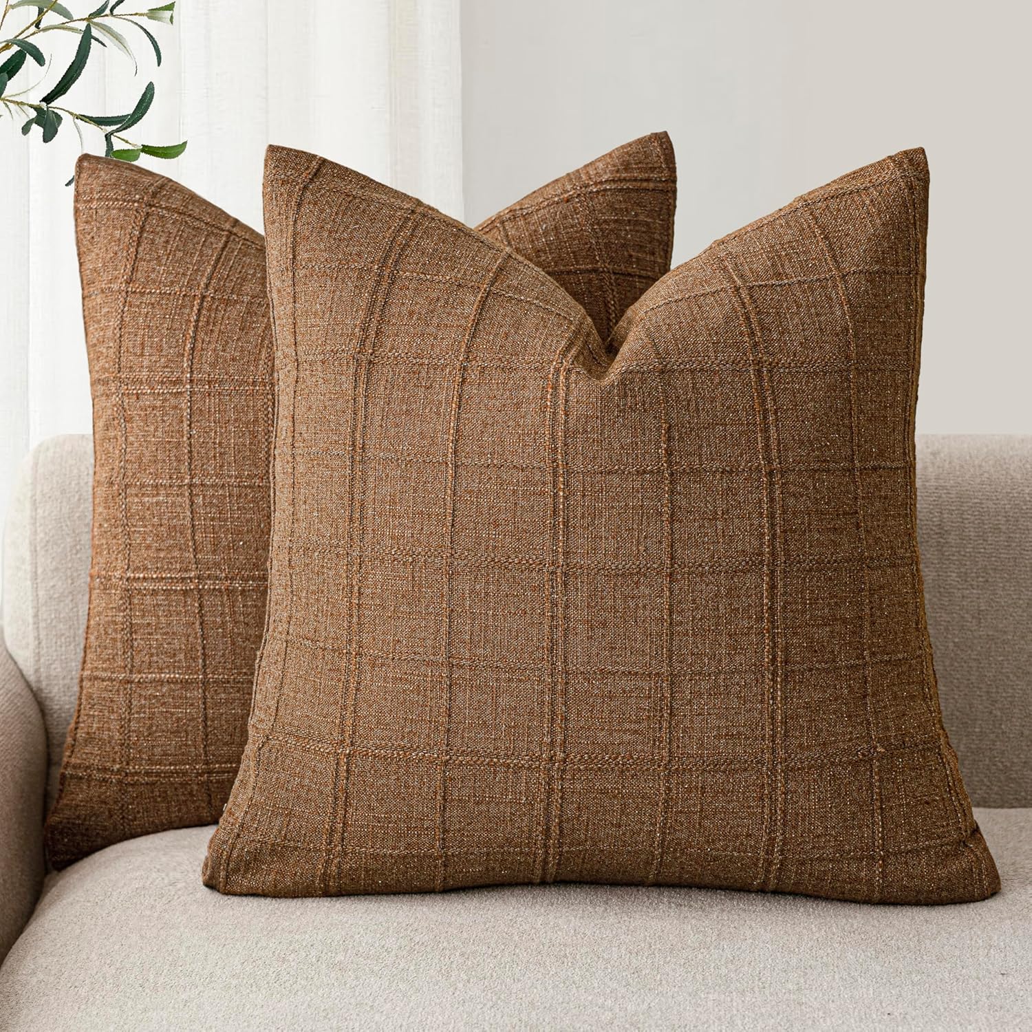 Foindtower Decorative Linen Check Throw Pillow Covers Set of 2
