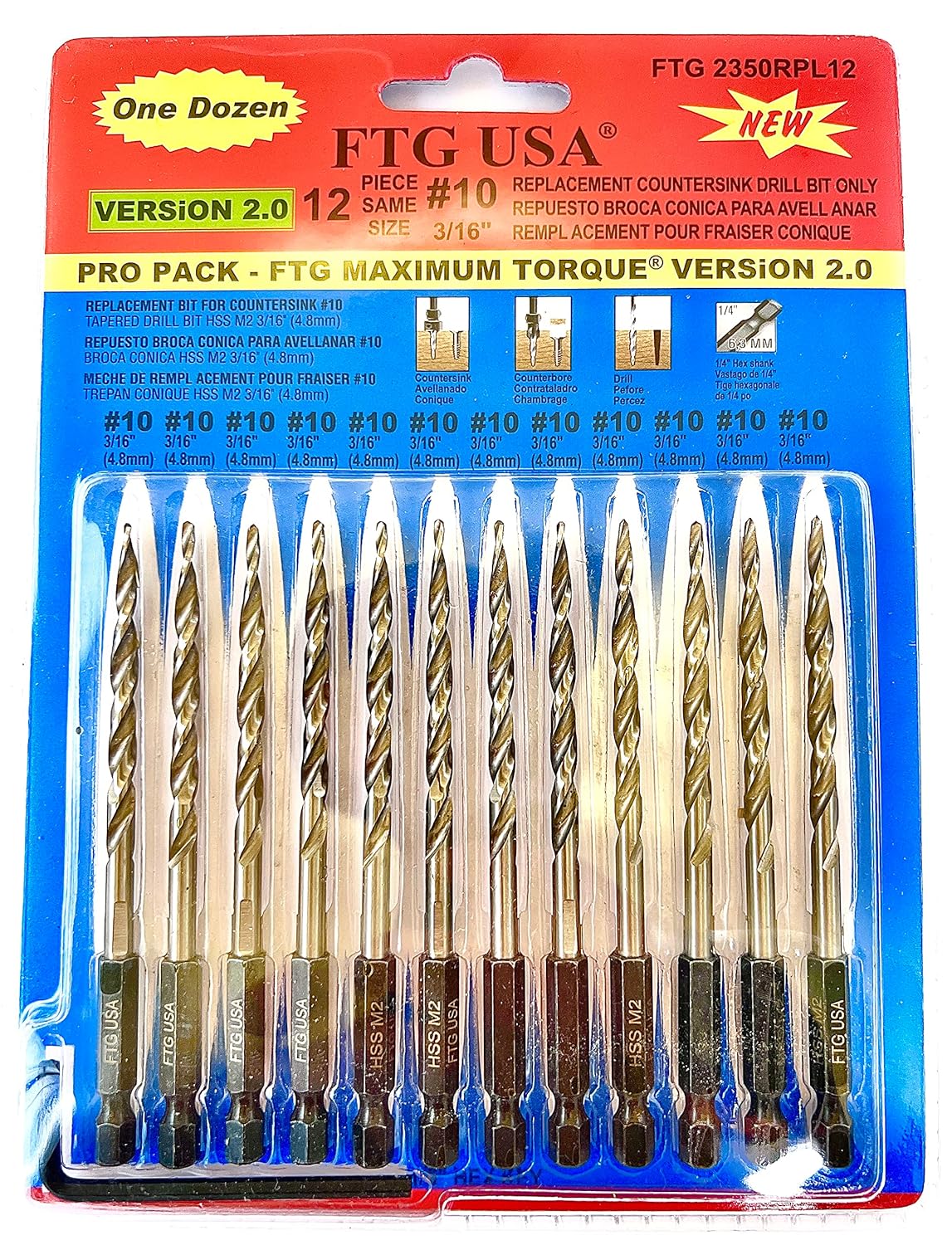 FTG USA Tapered Drill Bits for Wood - 12 Pc Replacement Set