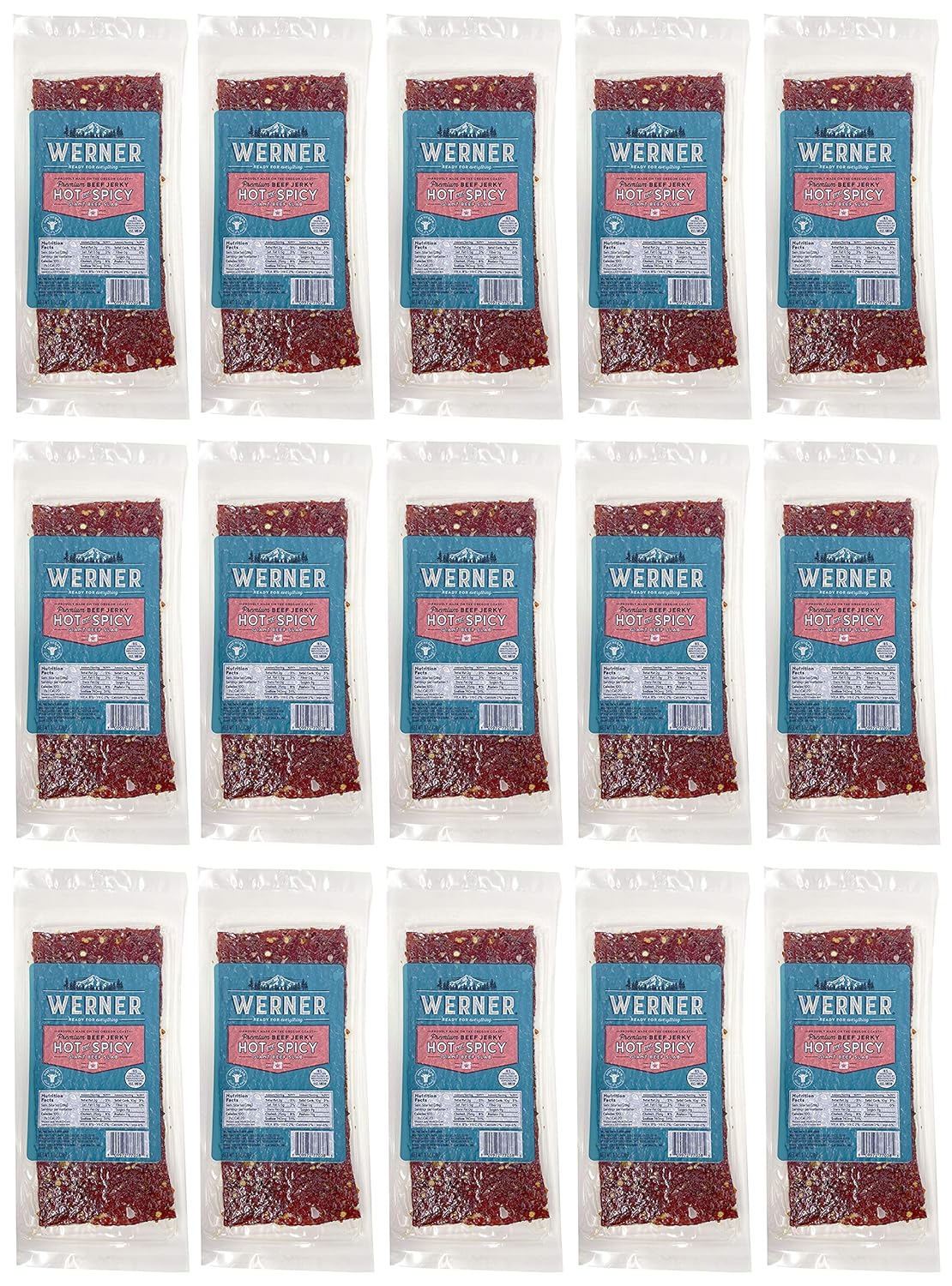 Werner Beef Jerky Slab Pack of 15-1 Ounce Hot & Spicy Snacks