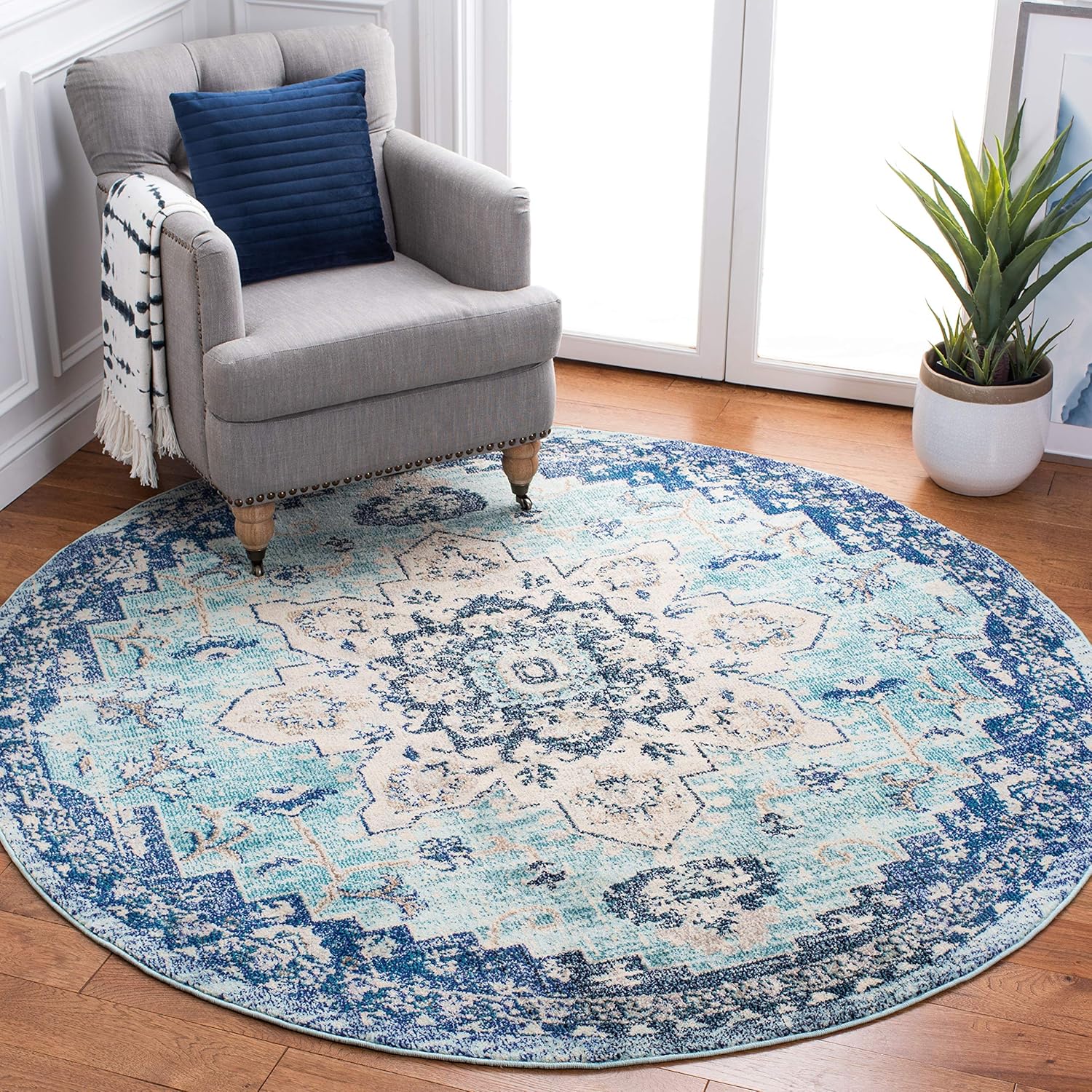 Boho Chic Medallion Area Rug - 8ft Round, Teal & Navy Design