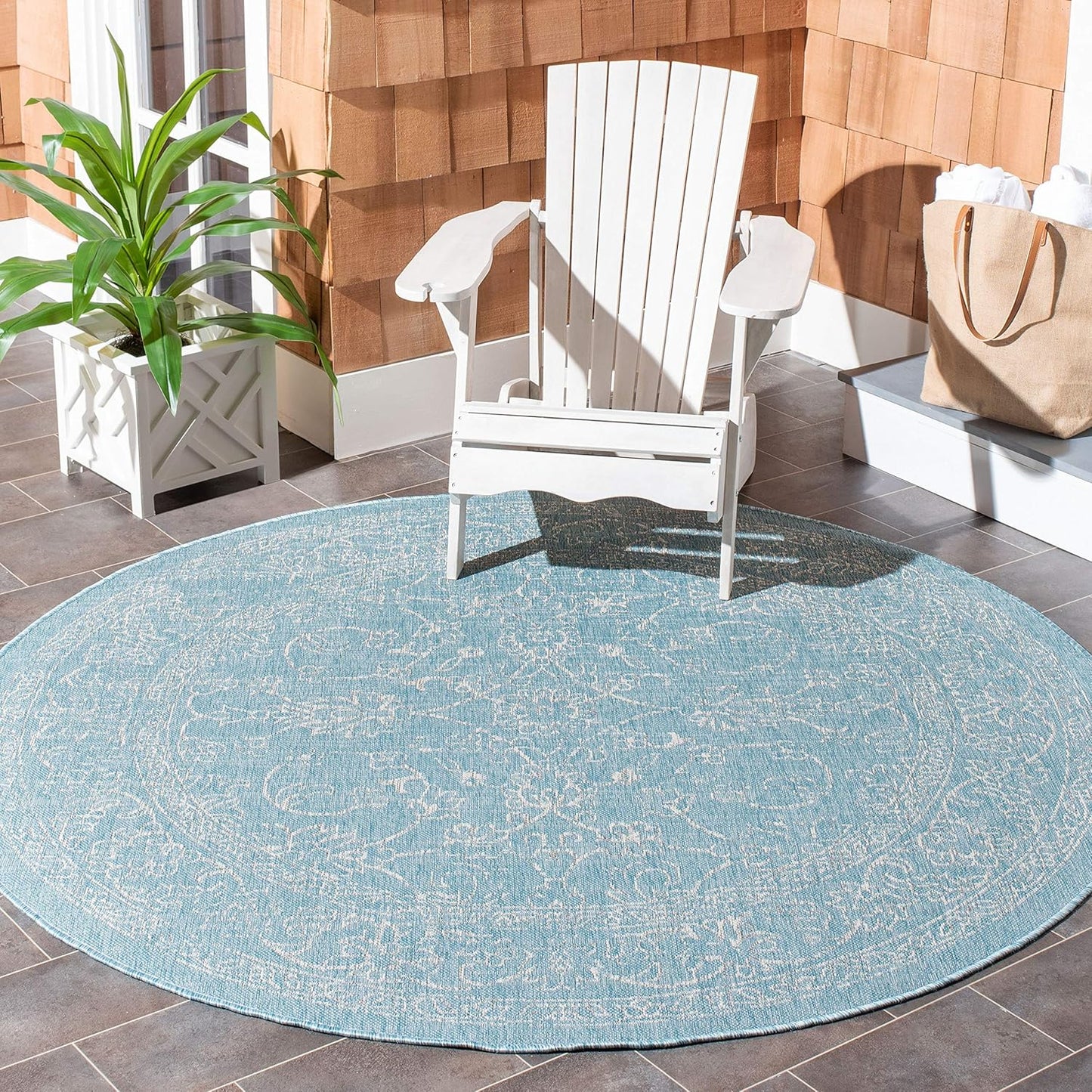 SAFAVIEH Courtyard Collection Round Aqua/Grey Indoor Outdoor Rug