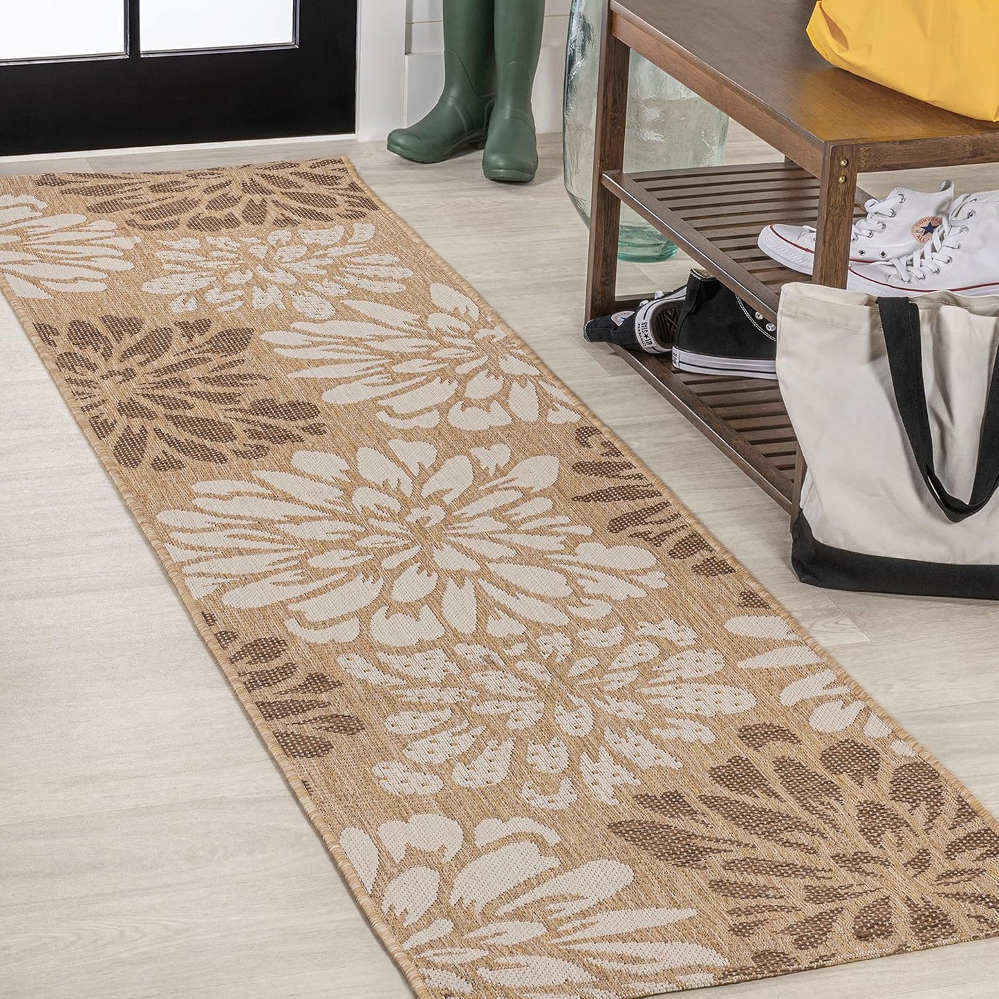 Floral Textured Weave Indoor Outdoor Runner Rug for High Traffic