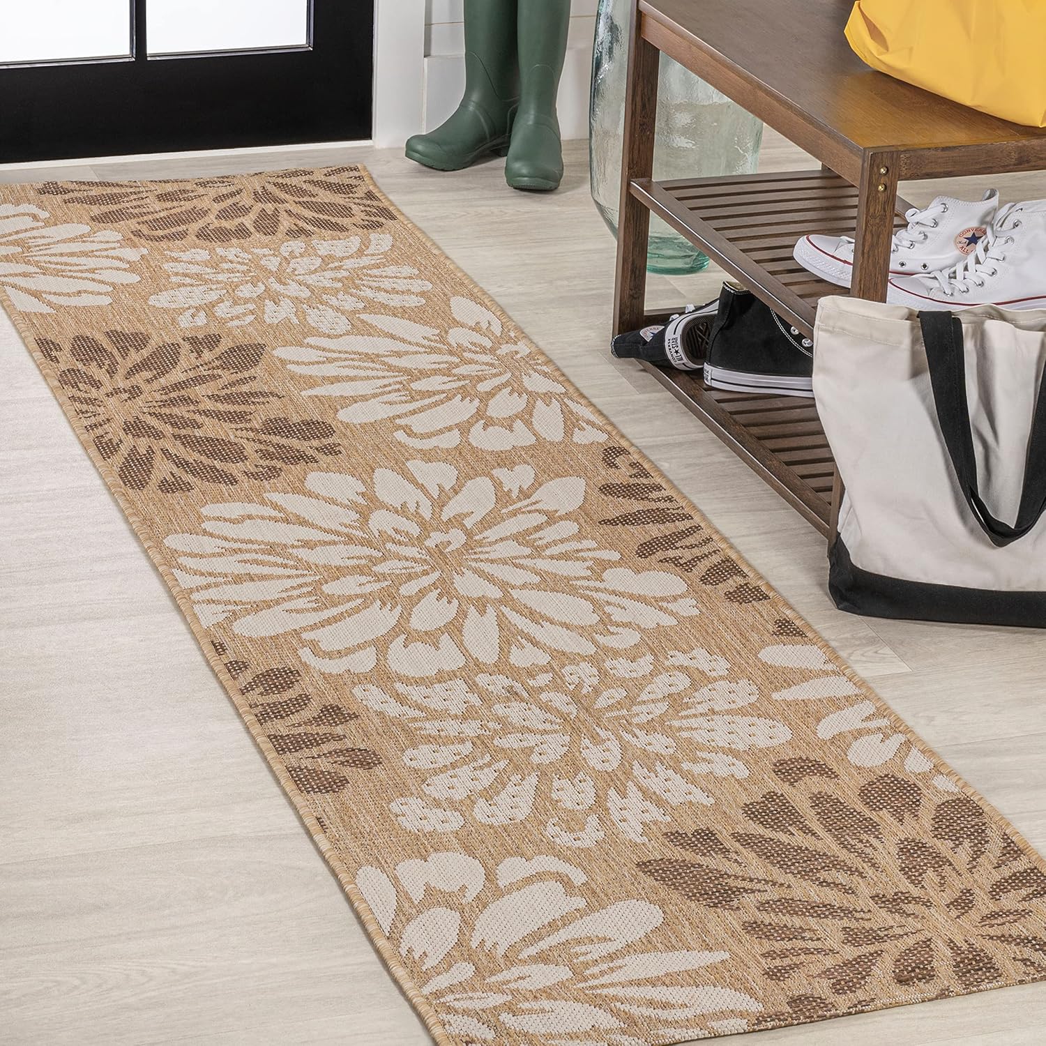 Floral Textured Weave Indoor Outdoor Runner Rug for High Traffic