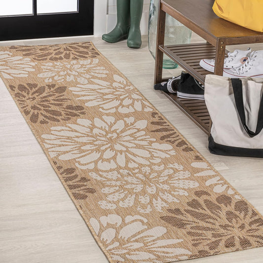 Floral Textured Weave Indoor Outdoor Runner Rug for High Traffic