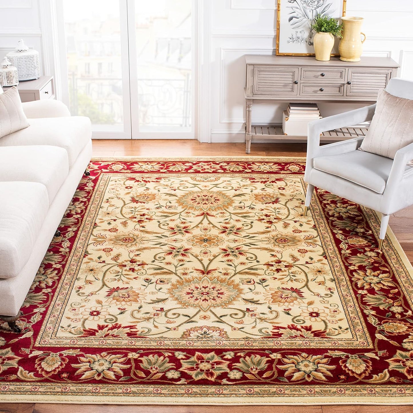Lyndhurst Collection Area Rug - 8ft Square, Ivory & Red Design