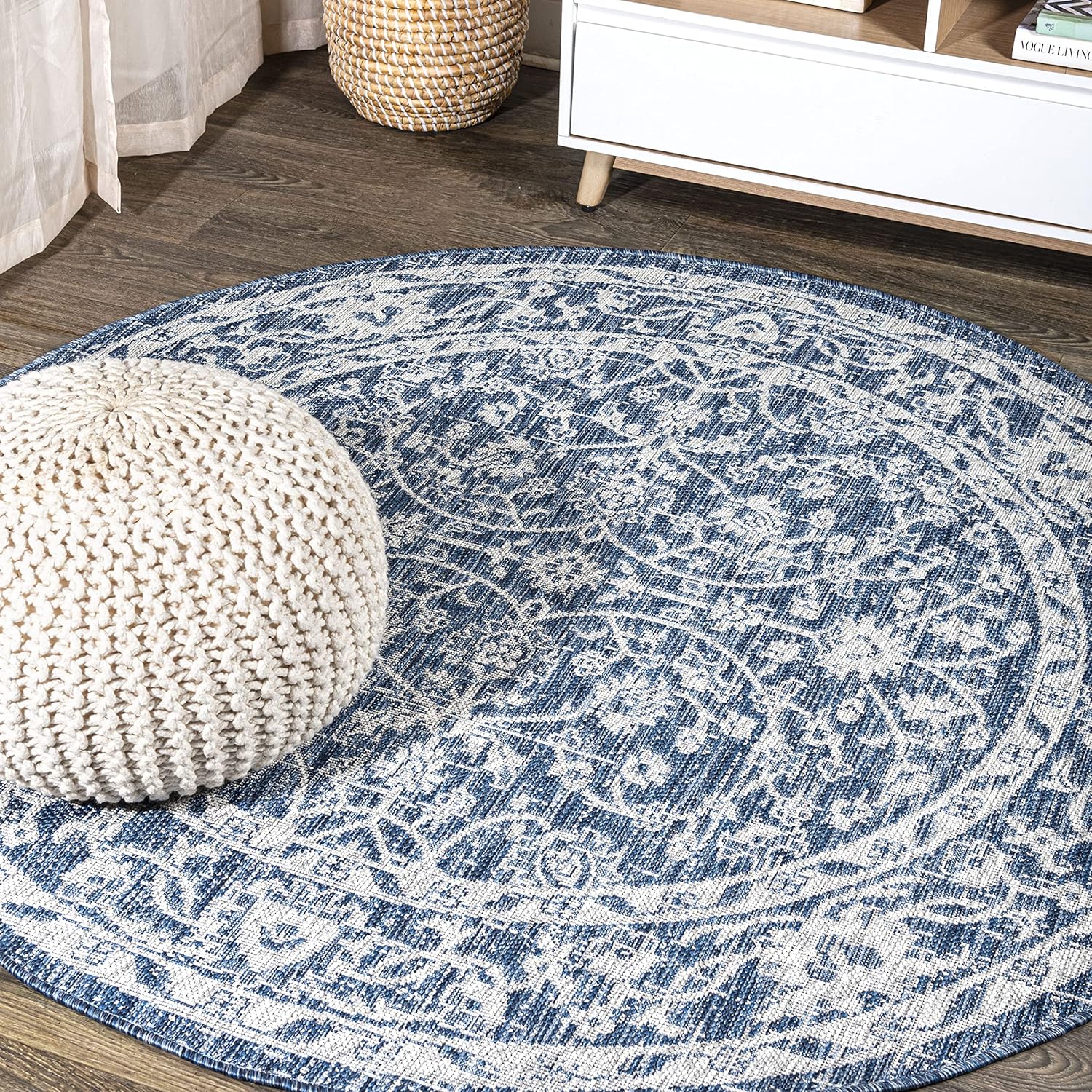 Vine & Border Indoor Outdoor Round Area Rug 5 Ft Navy/Gray