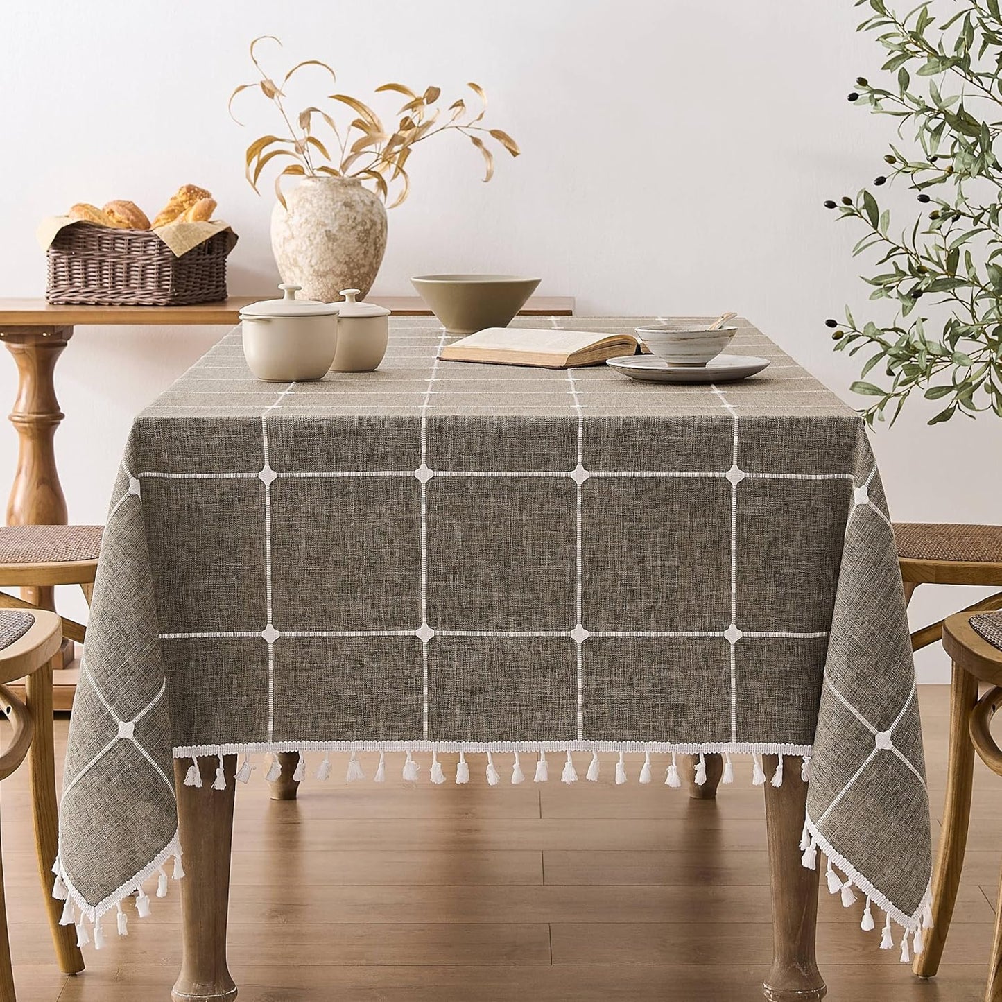 Boho Grid Table Cloth with Tassels, Heavy Weight Linen Style