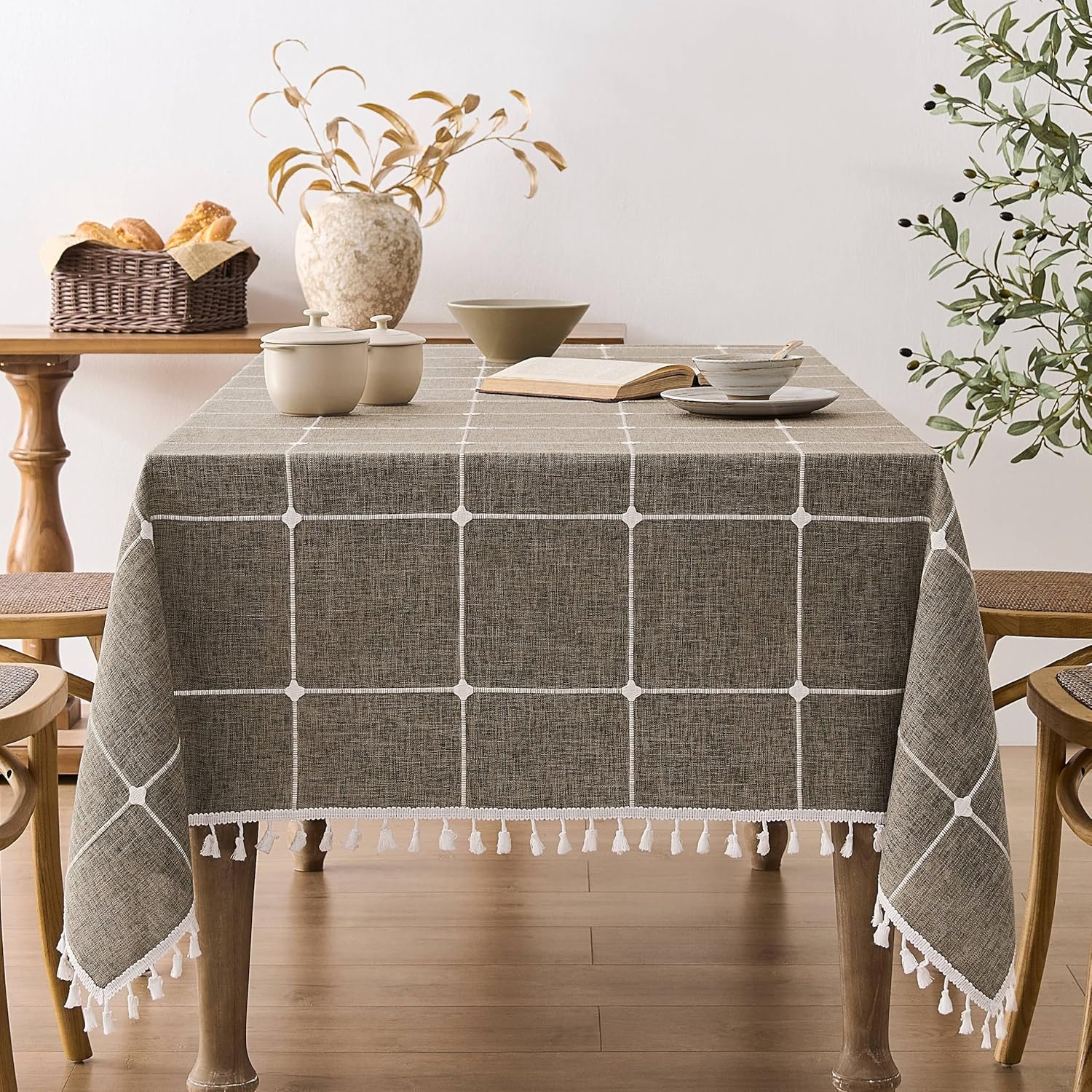 Boho Grid Table Cloth with Tassels, Heavy Weight Linen Style