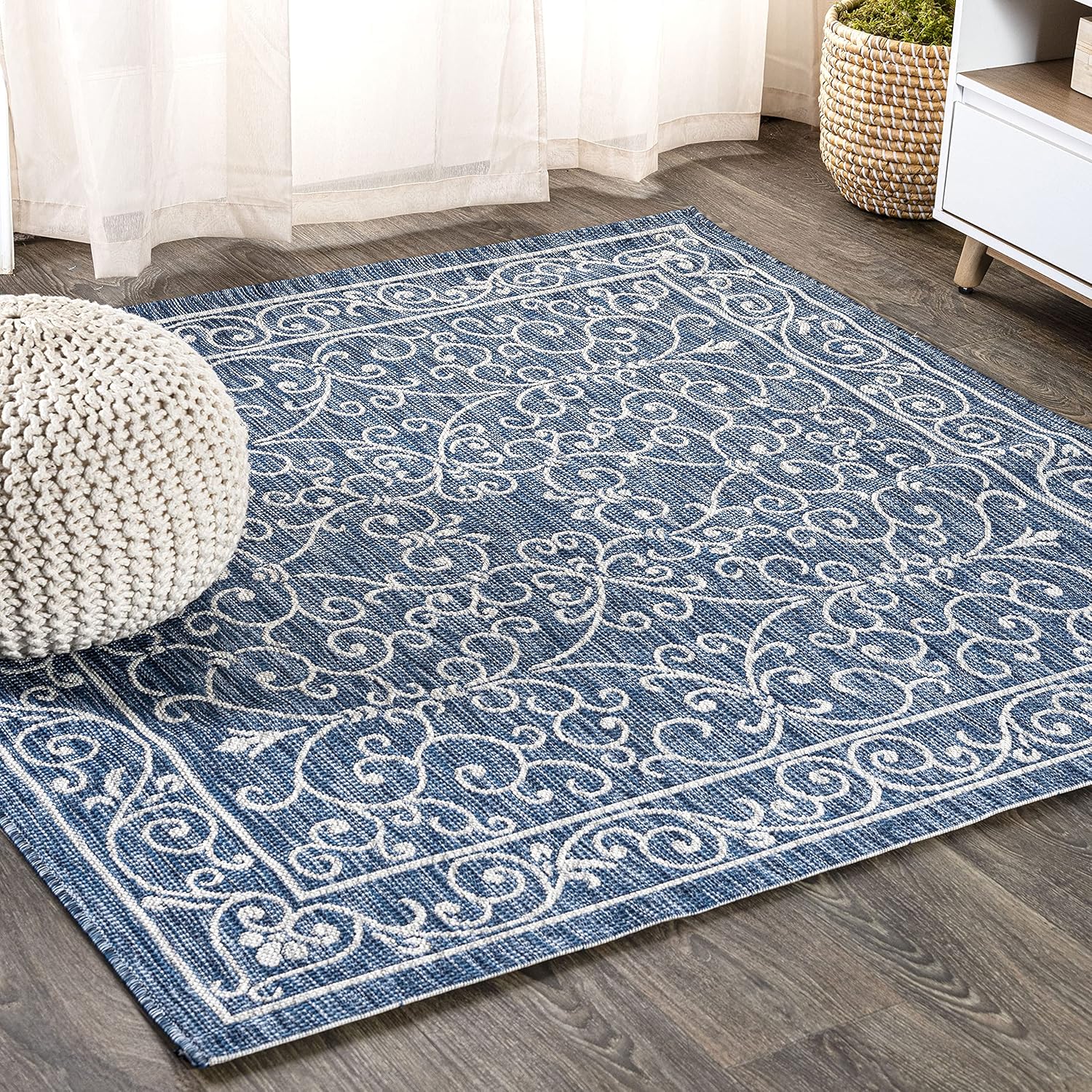 Vintage Filigree Indoor Outdoor Square Area Rug 5X5 Navy Gray