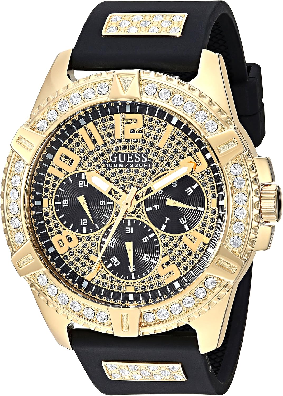 GUESS Gold-Tone Black Silicone Watch - Stain Resistant & Crystal Embellished