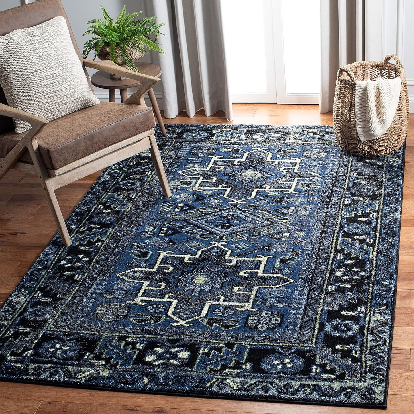 Vintage Hamadan Collection Area Rug - 3ft Square, Blue & Grey