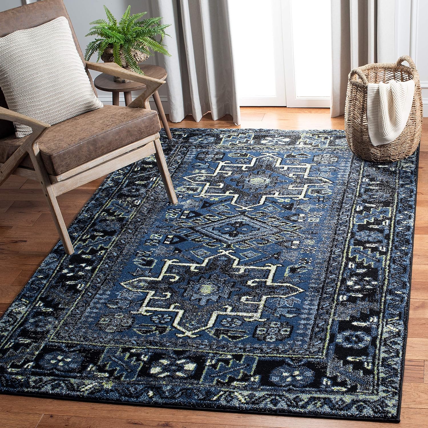 Vintage Hamadan Collection Area Rug - 3ft Square, Blue & Grey