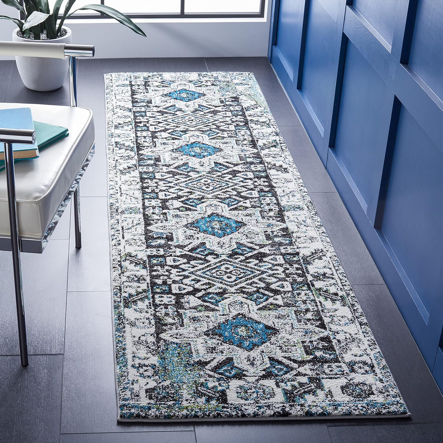 Vintage Hamadan Collection Runner Rug - Dark Grey & Ivory