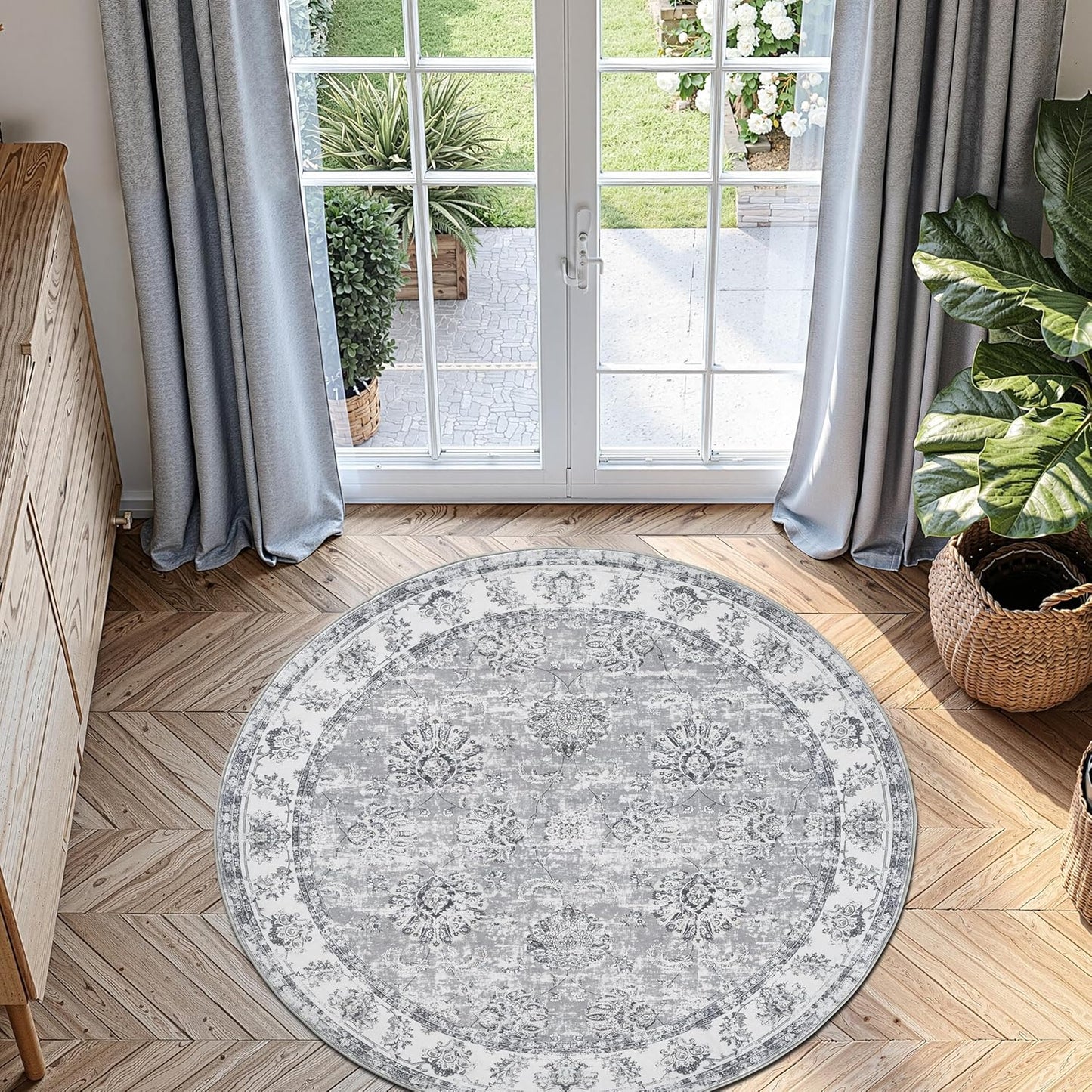 Round Area Rug 5ft Vintage Floral Design for Indoor Spaces