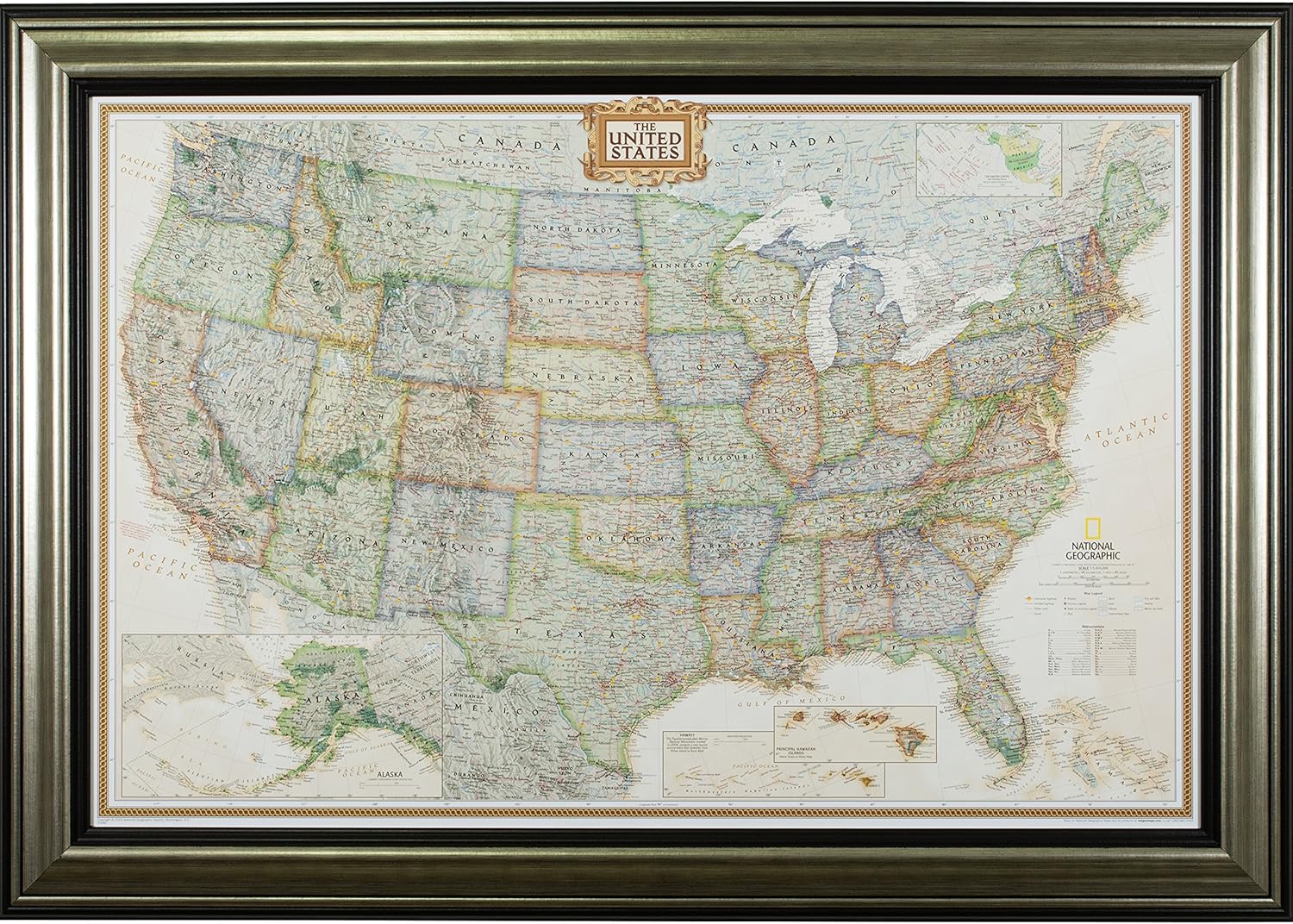 Wayfarer Push Pin Travel Map with Antique Silver Frame 24x36