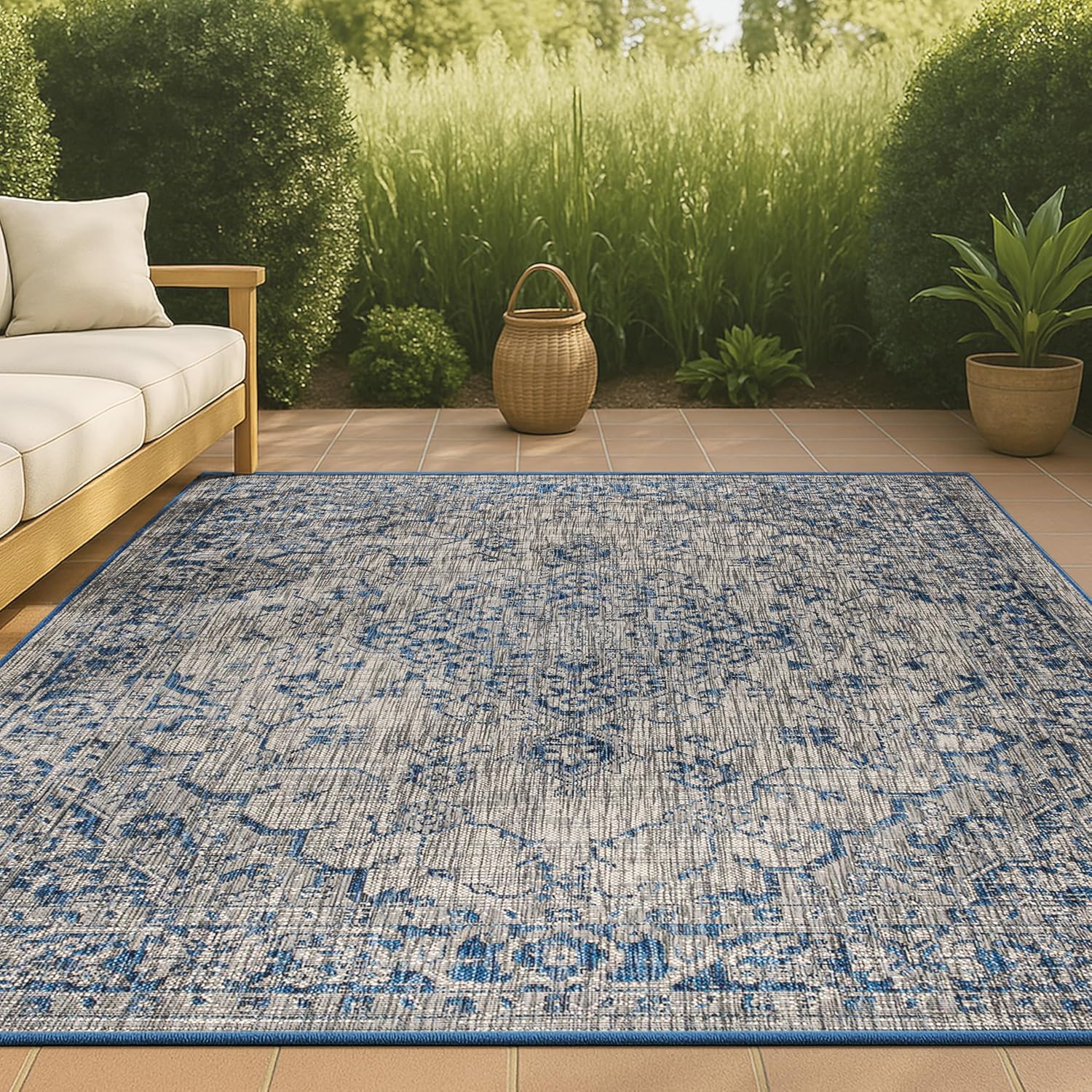 Boho Medallion Indoor Outdoor Area Rug 3X5 Gray/Navy for All