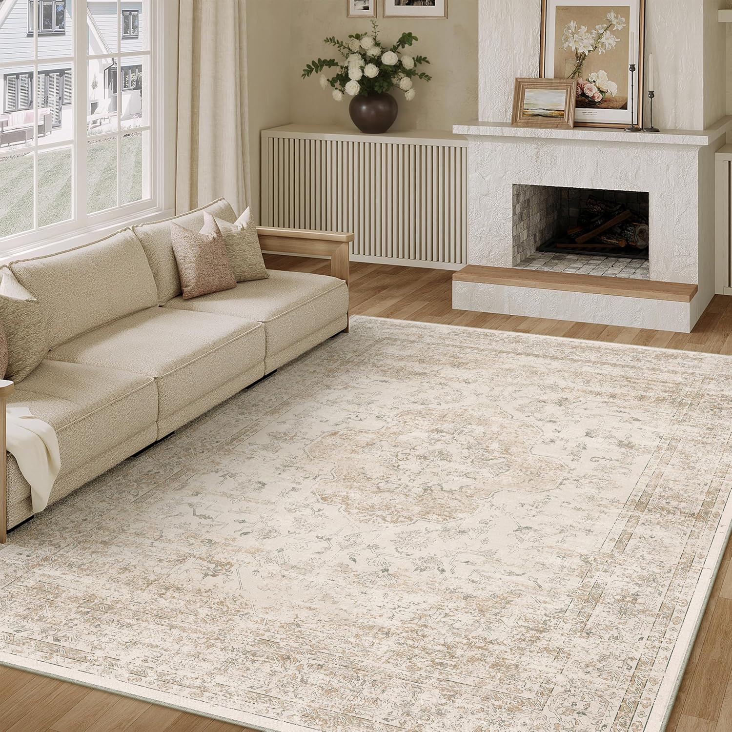 5x7 Washable Area Rug Beige Vintage Distressed Soft Carpet