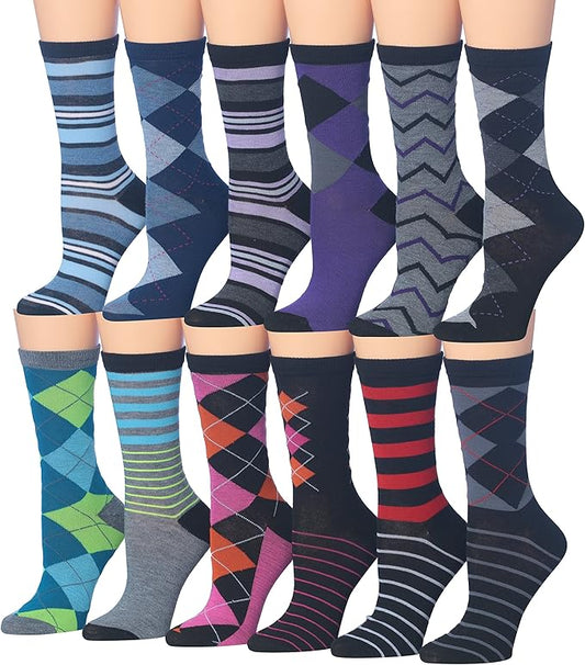Tipi Toe Women's Colorful Patterned Crew Socks - 12 Pairs