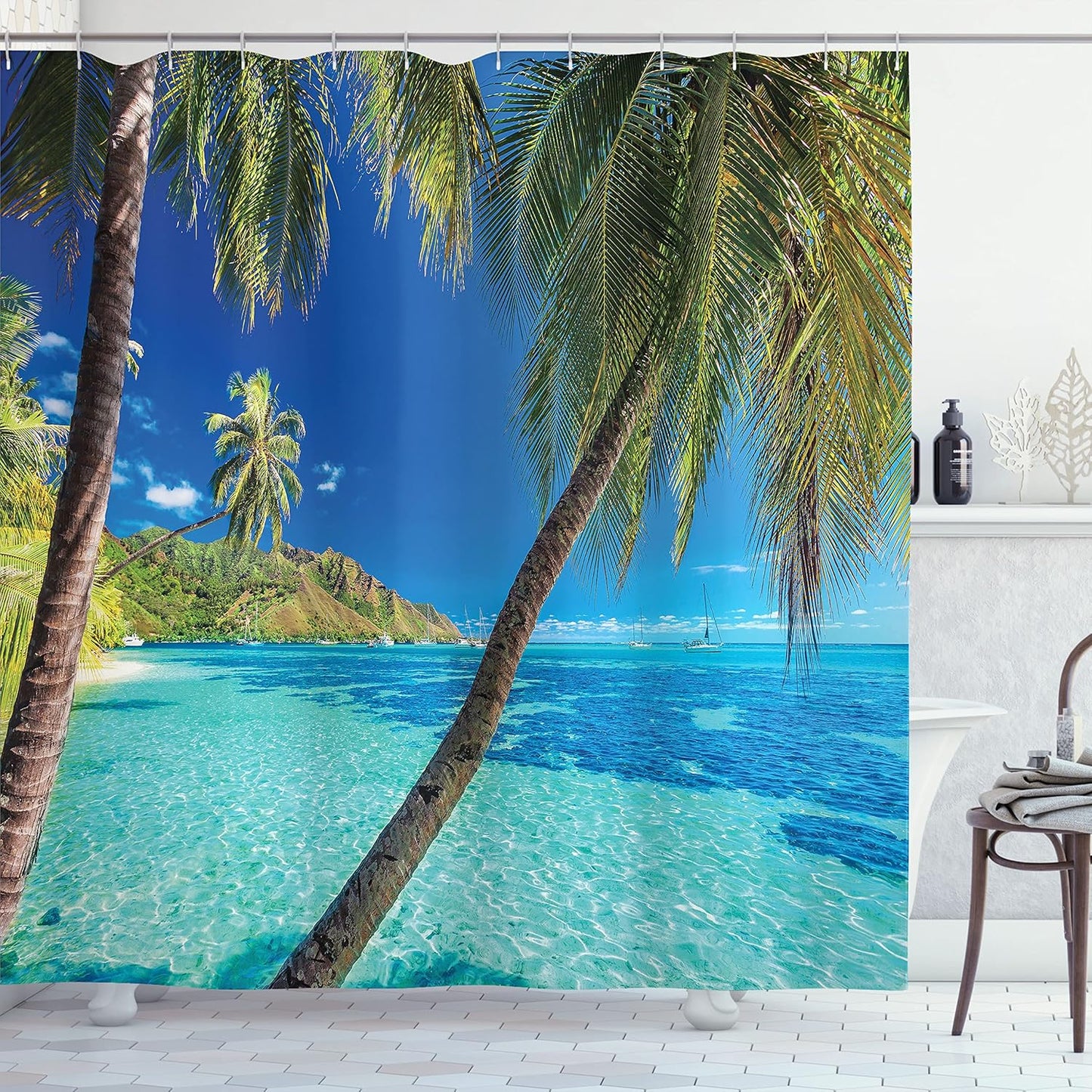 Tropical Island Beach Shower Curtain, Fabric Decor Set, 70, Turquoise Blue