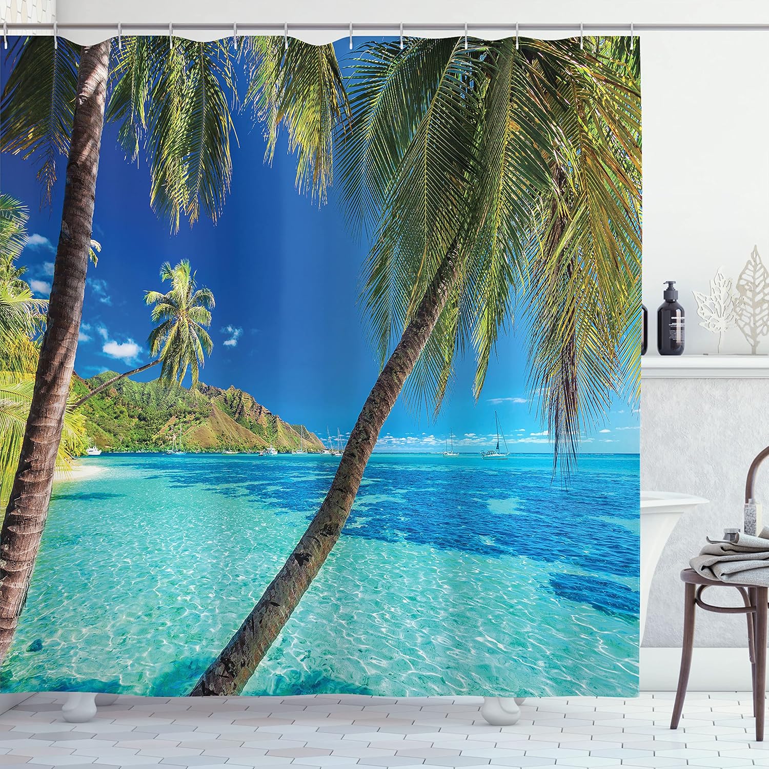 Tropical Island Beach Shower Curtain, Fabric Decor Set, 70, Turquoise Blue