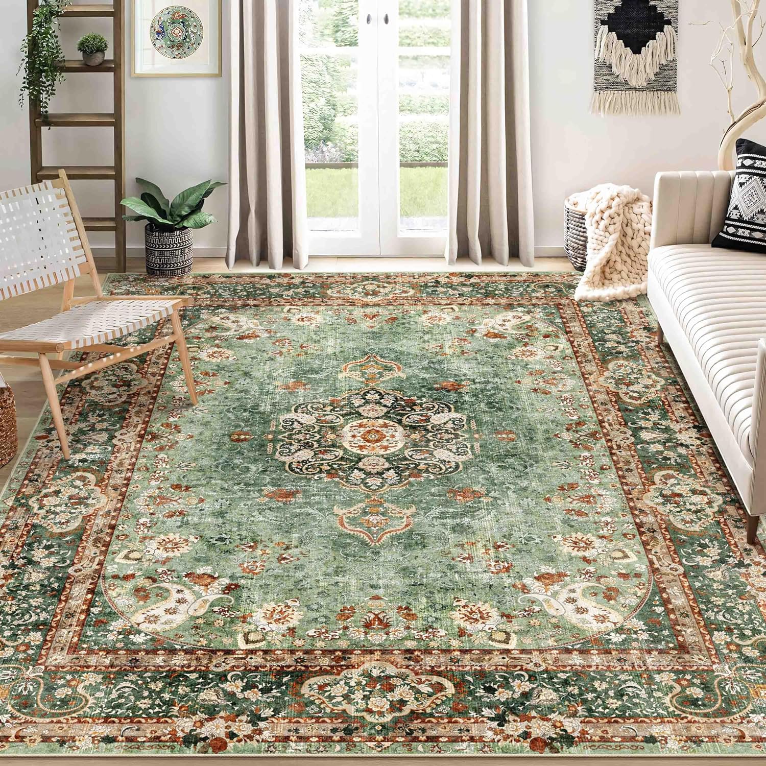 8x10 Area Rugs Washable Green Boho Vintage Carpet for Home