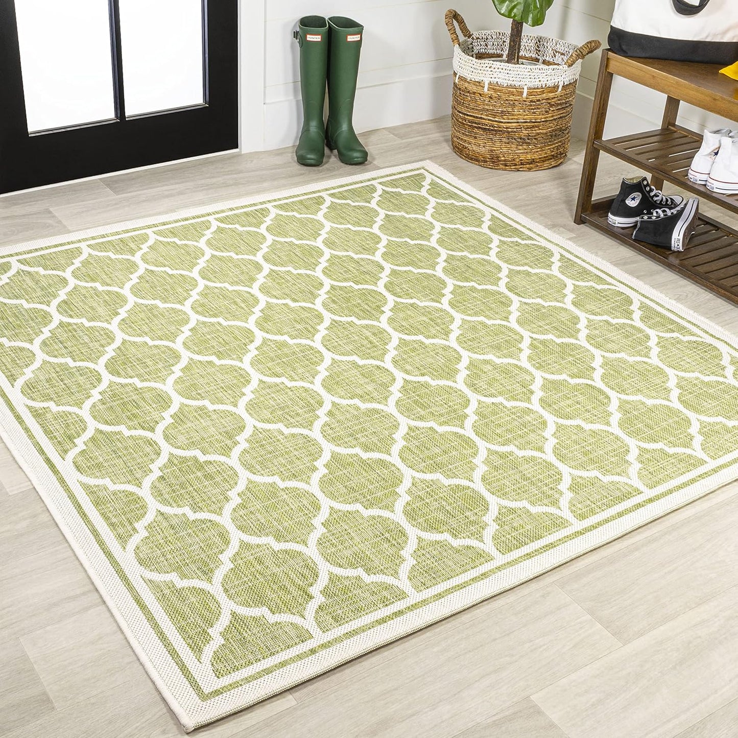 Moroccan Trellis Indoor Outdoor Square Area Rug 5X5 Green Cream