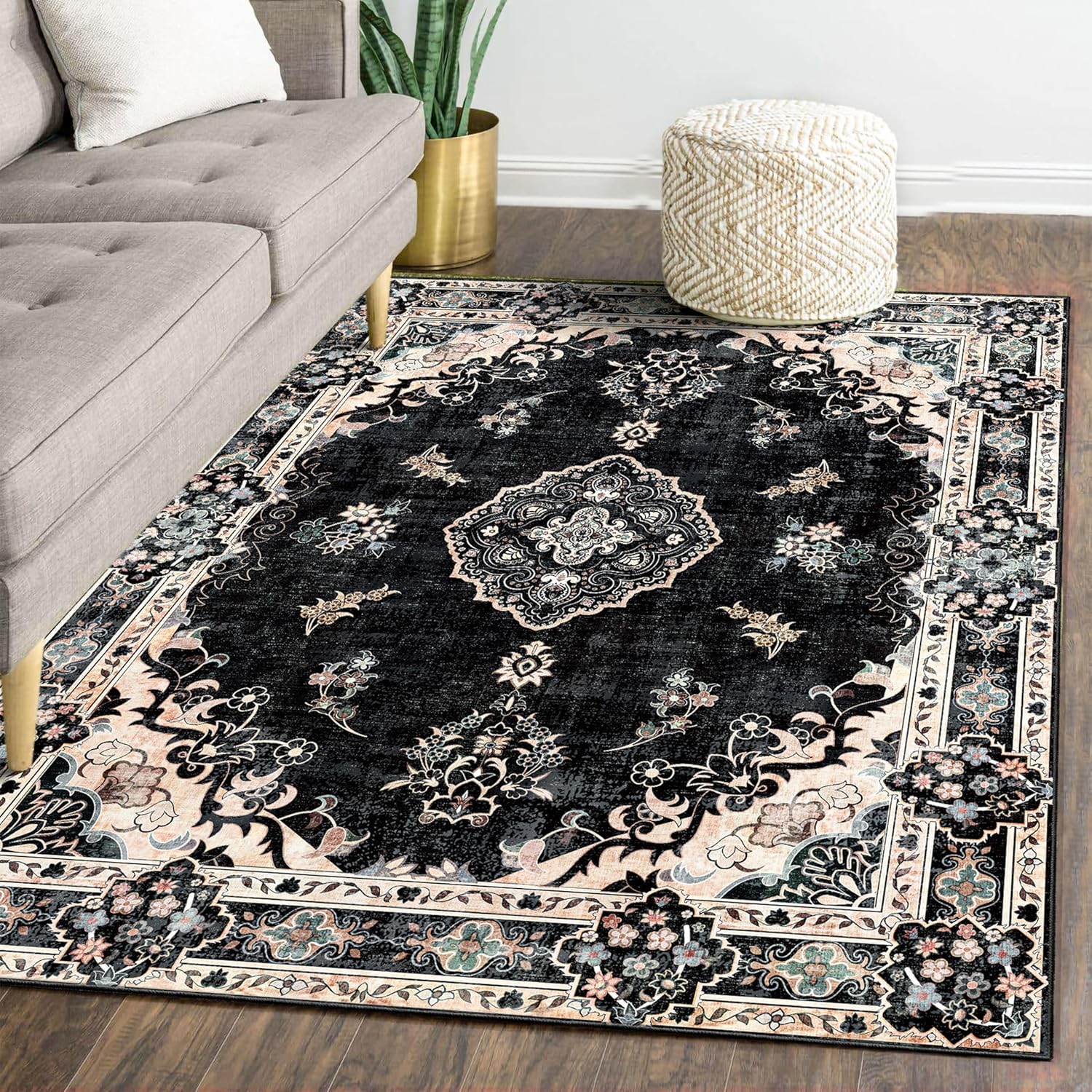 MUJOO 5ftx7ft Black Boho Area Rug for Living Room and Bedroom