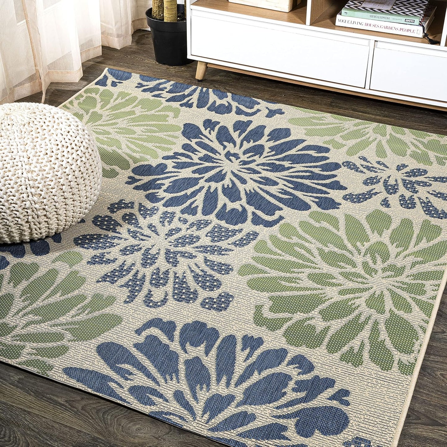 Floral Textured Weave Indoor Outdoor Square Area Rug 5X5 Navy/Green