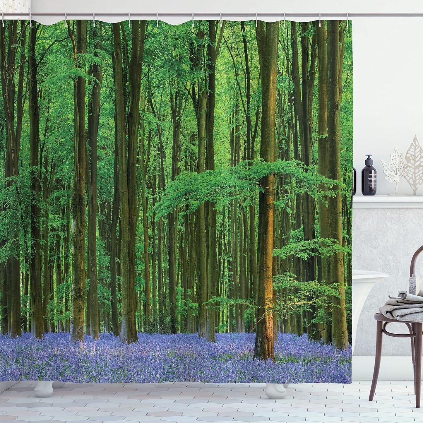Woodland Shower Curtain, Spring Sunshine Forest Escape, Cloth Fabric Set - Green Lavender
