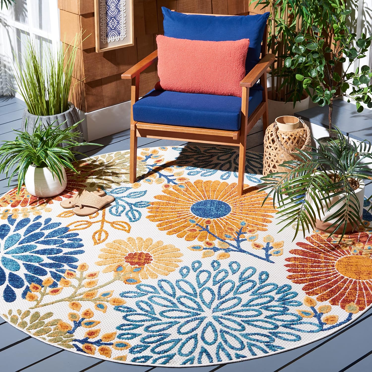 SAFAVIEH Cabana Collection 5ft 3in Round Floral Indoor/Outdoor Rug