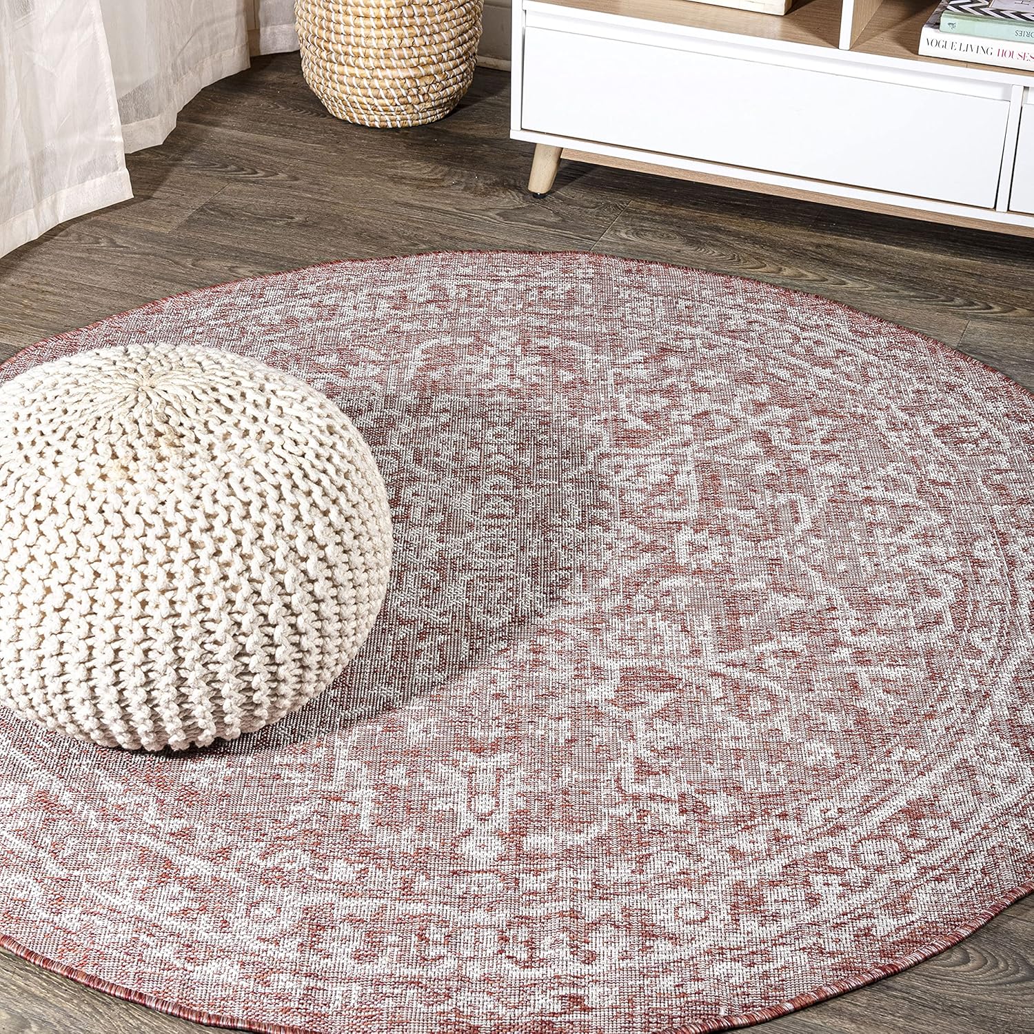 Boho Medallion Indoor Outdoor Round Area Rug 5 Ft Red/Taupe