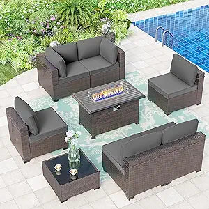 Outdoor Patio Furniture Set with Propane Fire Pit Table 8 Pieces