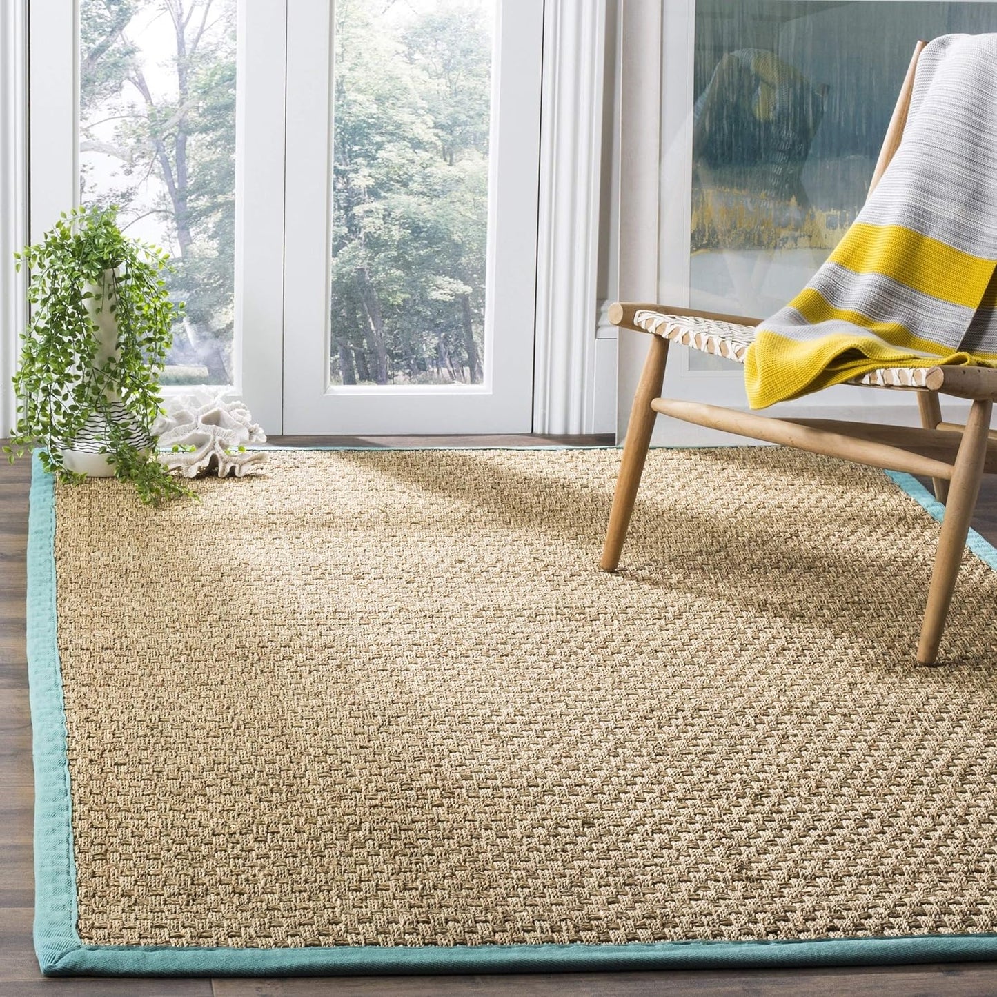 Natural Fiber Area Rug 6ft Square - Seagrass & Teal Design