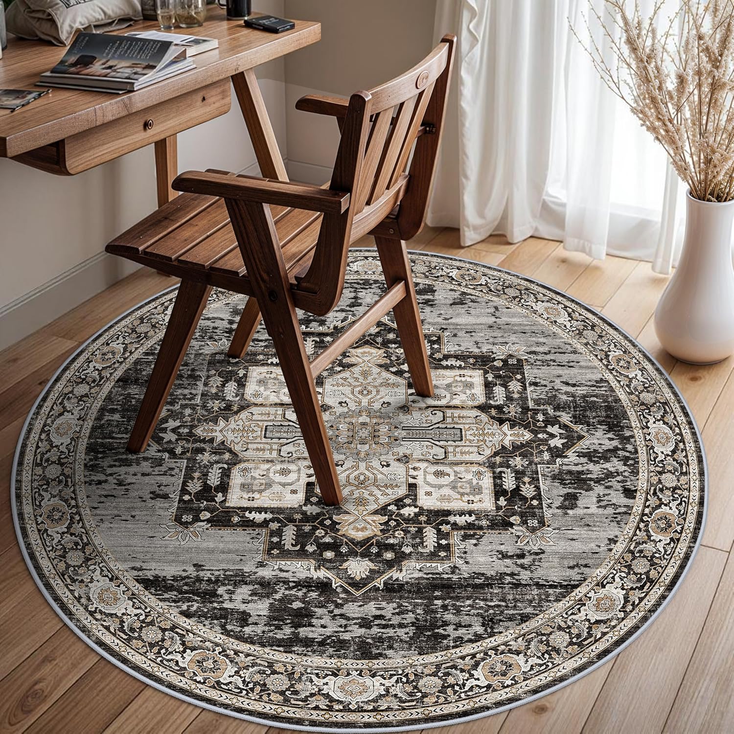 4ft Round Area Rug - Boho Vintage Tribal Design for Home Decor