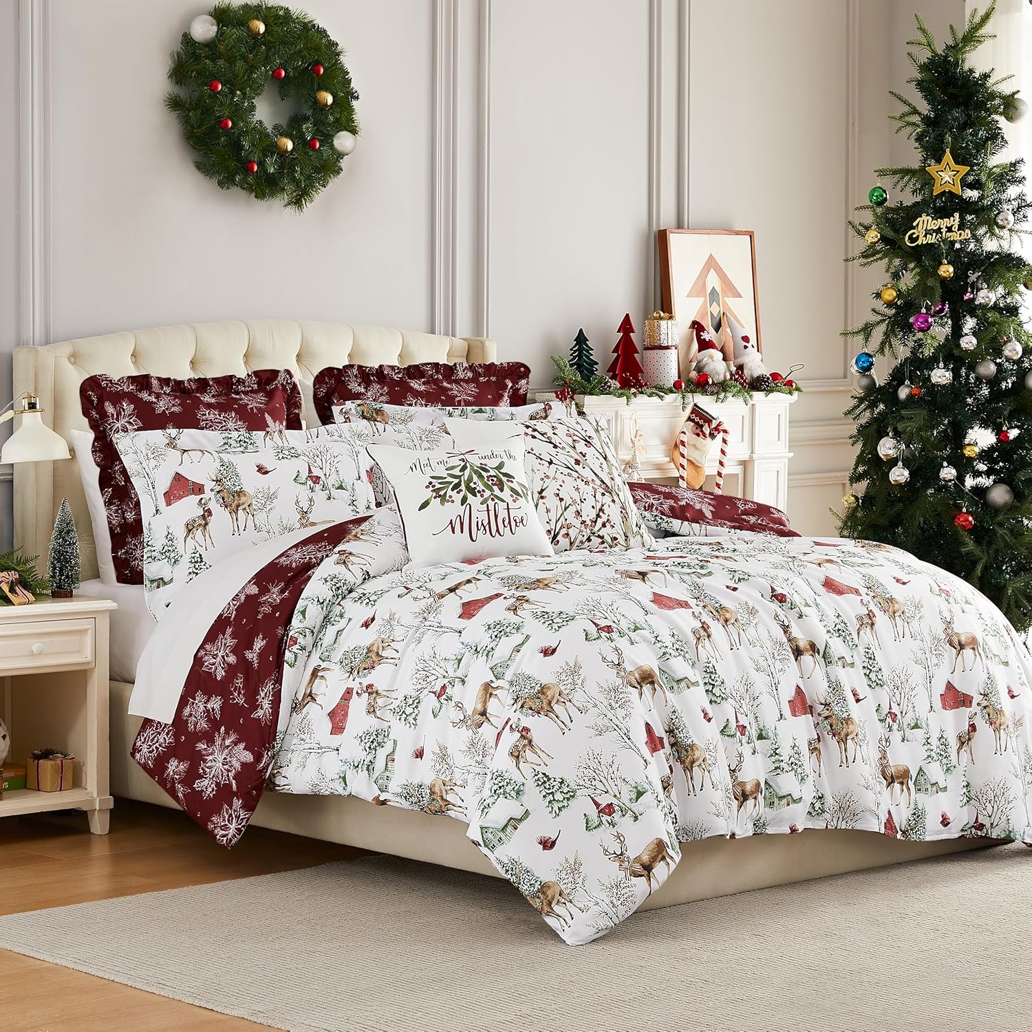 Reversible Christmas Comforter Set for King Size Bedding