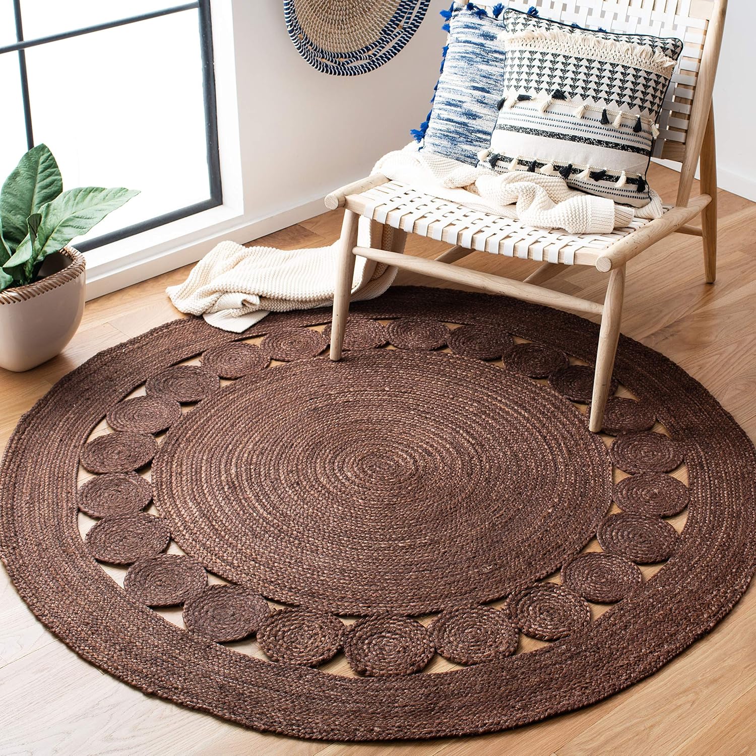 Handmade Jute Area Rug 5ft Round for Boho Farmhouse Style