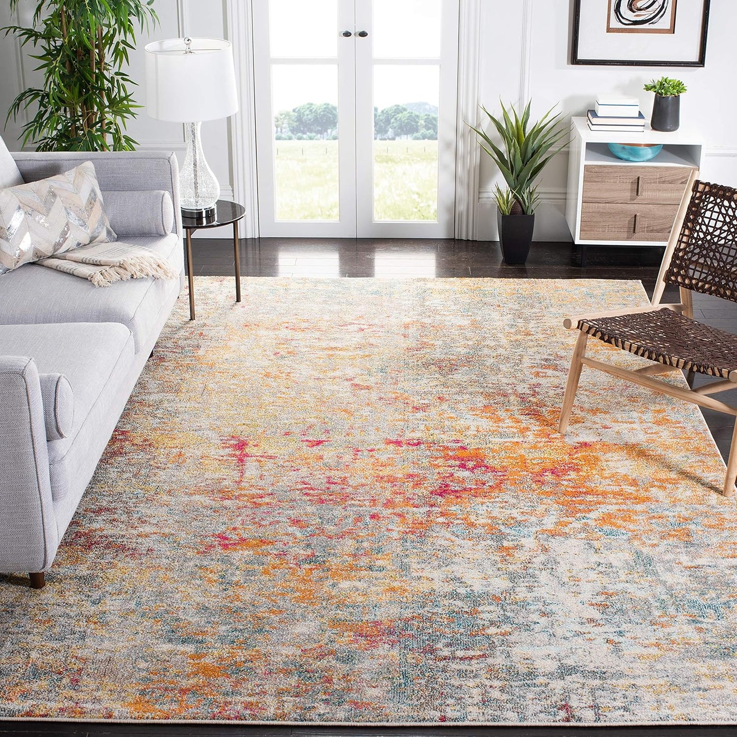Modern Abstract Area Rug 9ft x 12ft in Grey & Turquoise Design