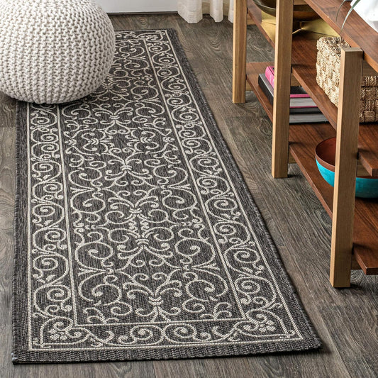 Vintage Filigree Indoor Outdoor Runner Rug for High Traffic Areas