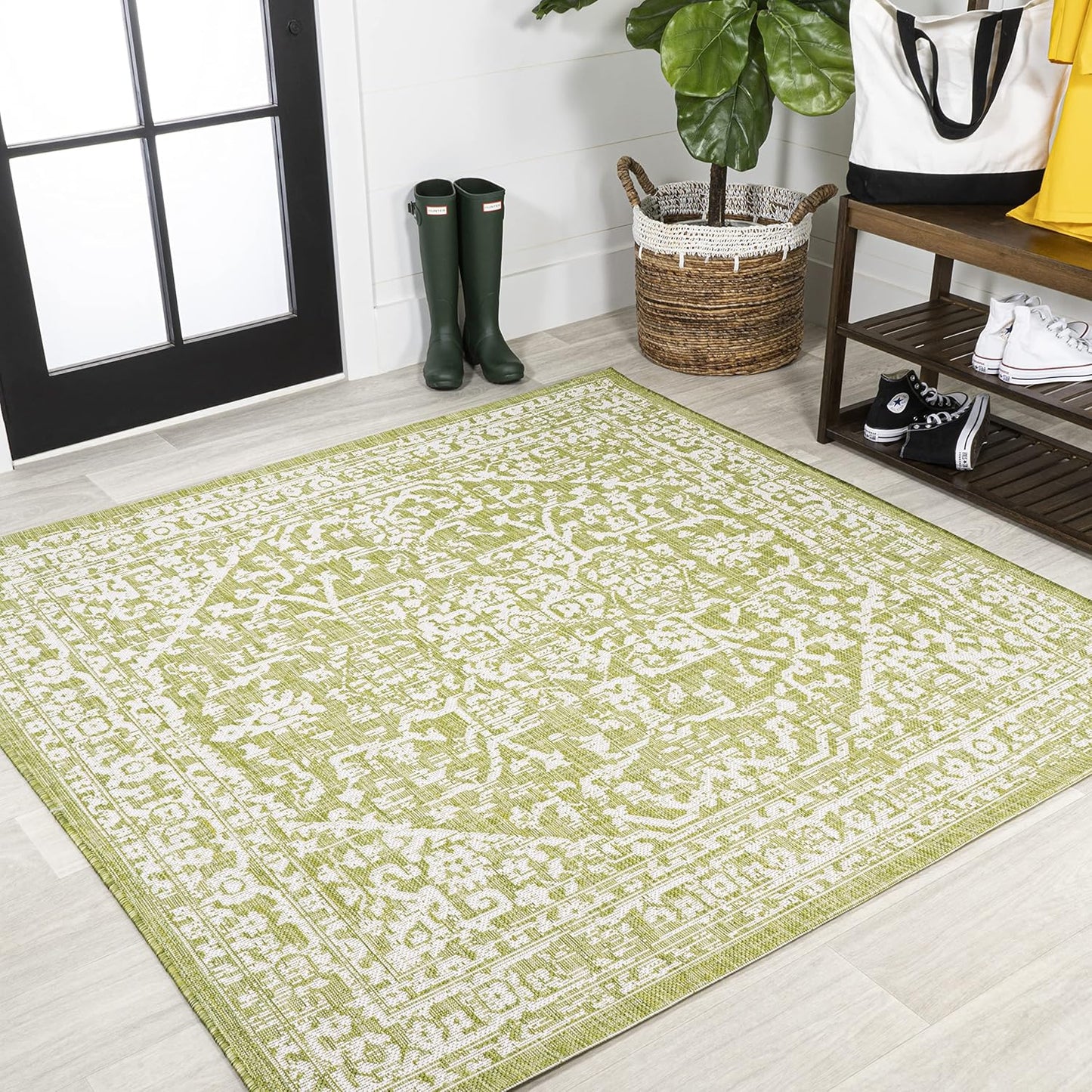 Boho Medallion Indoor Outdoor Square Area Rug 5X5 Green Cream