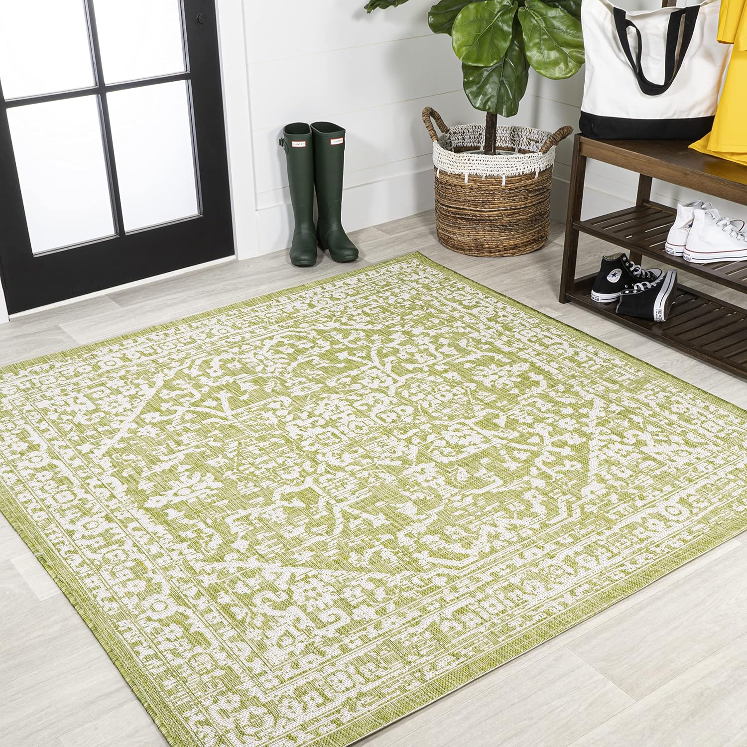 Boho Medallion Indoor Outdoor Square Area Rug 5X5 Green Cream